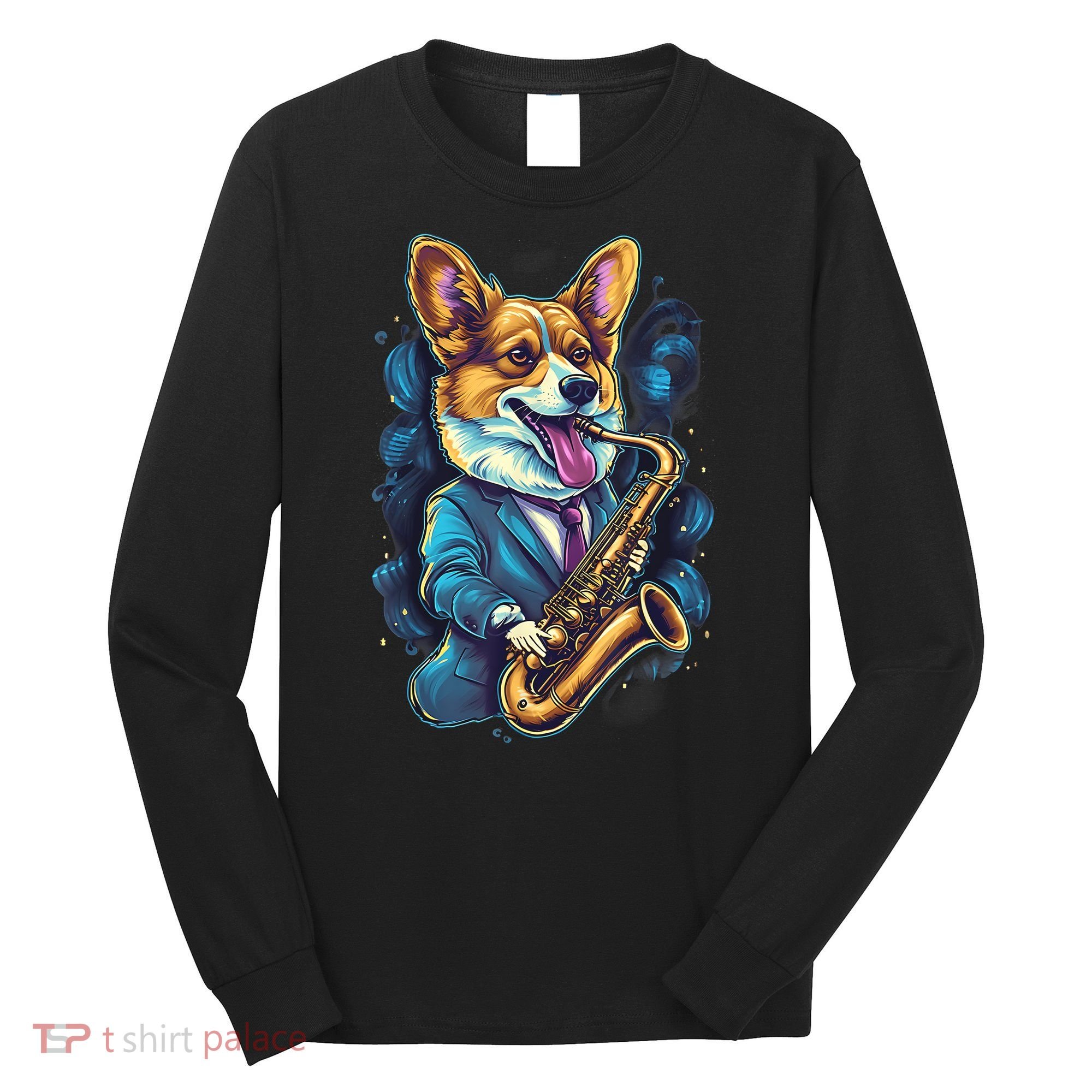 Jazz Musician Corgi Dog Saxophone Long Sleeve Shirt