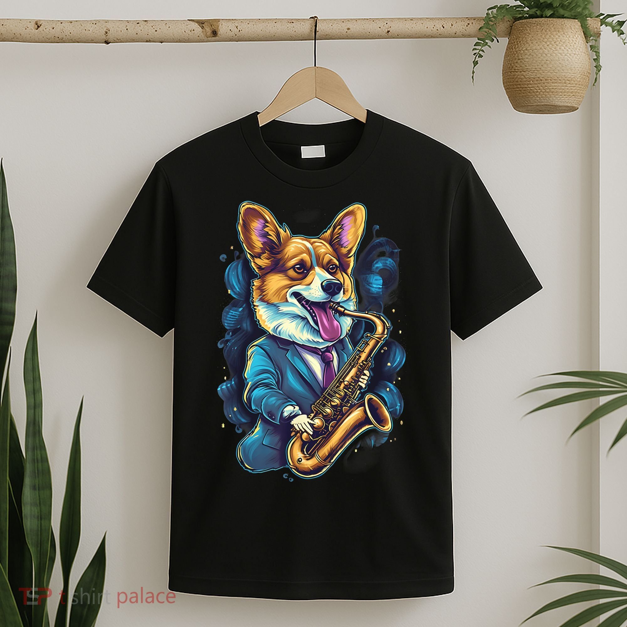 Jazz Musician Corgi Dog Saxophone T-Shirt