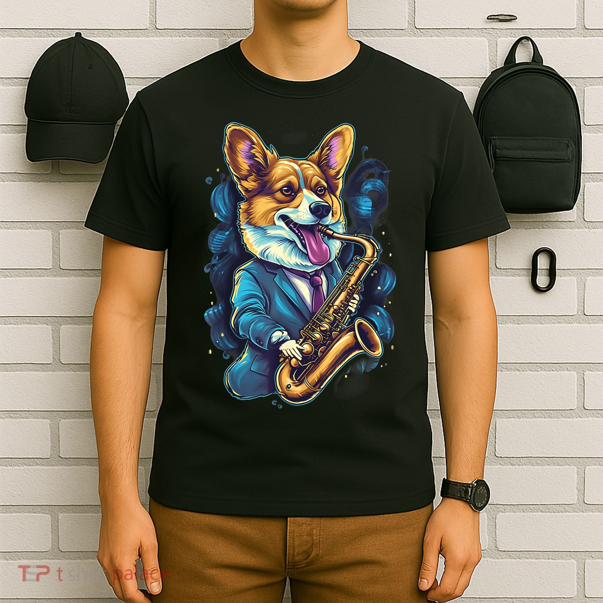 Jazz Musician Corgi Dog Saxophone T-Shirt