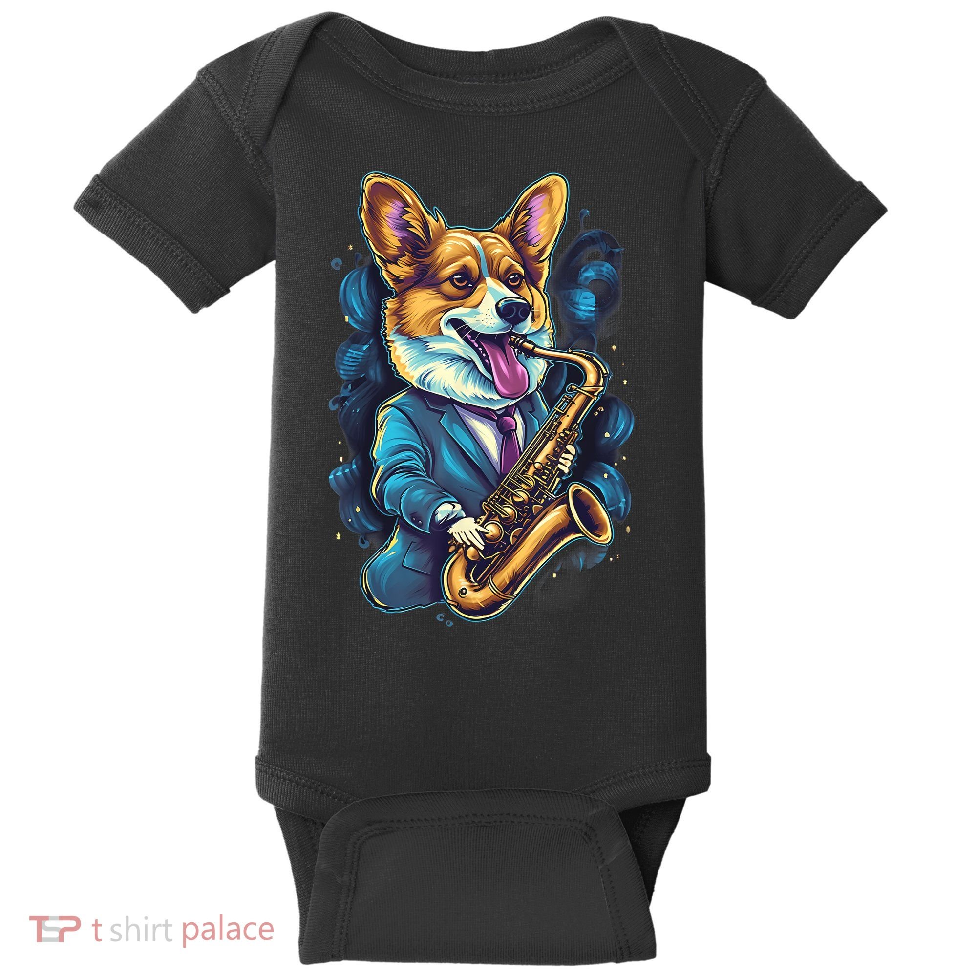 Jazz Musician Corgi Dog Saxophone Baby Bodysuit