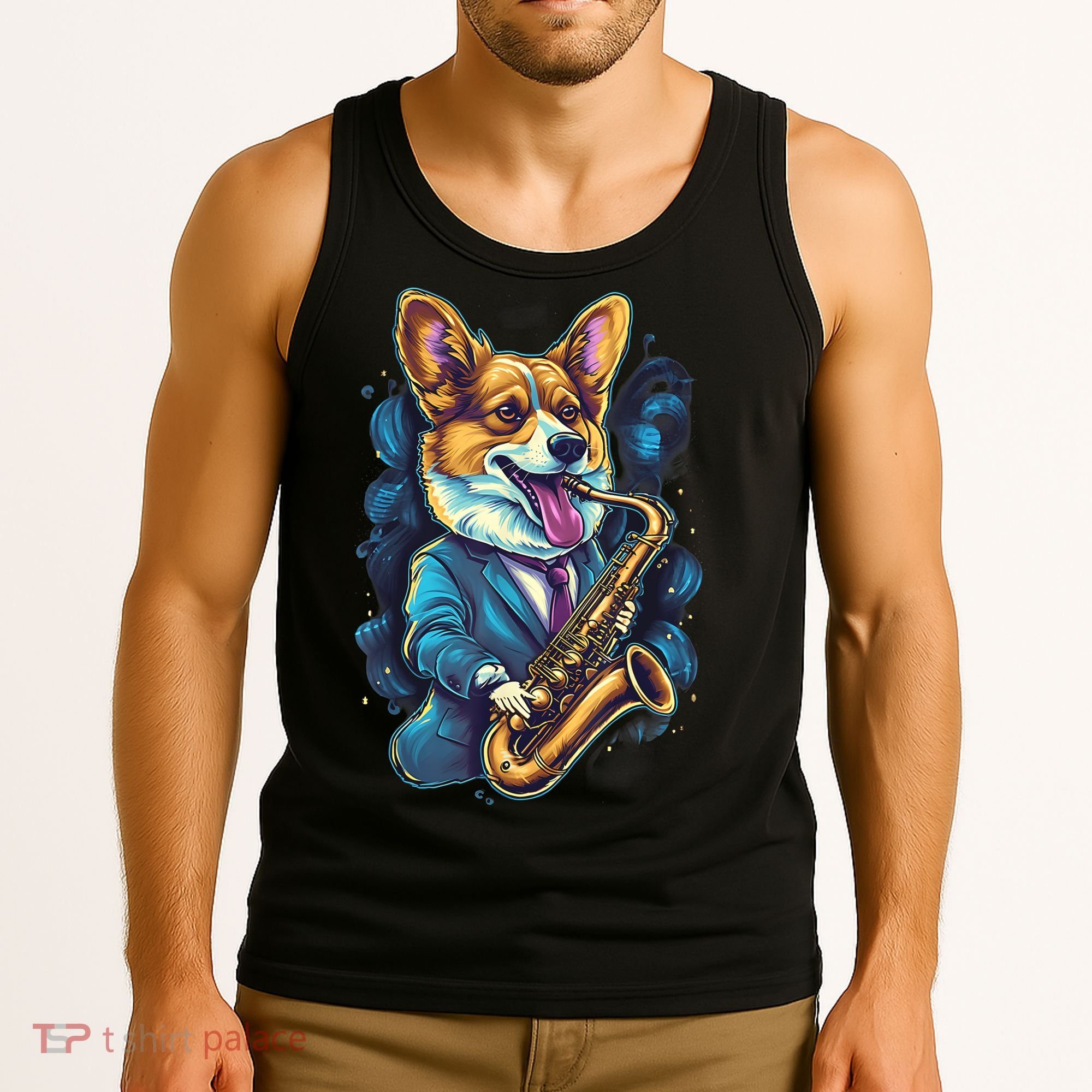Jazz Musician Corgi Dog Saxophone Tank Top