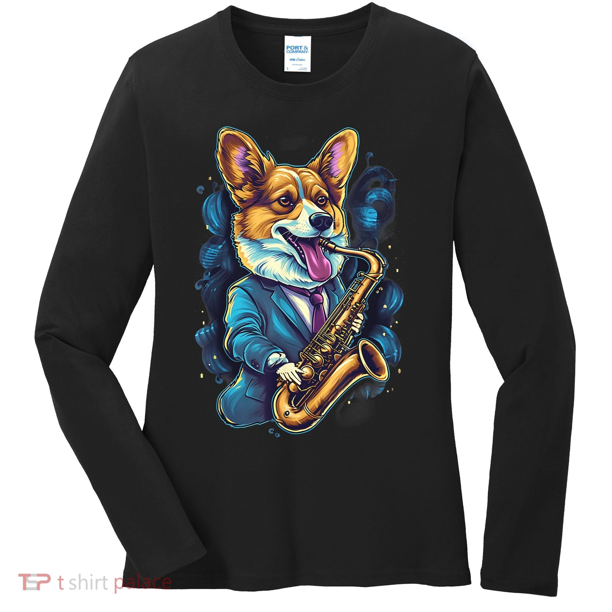 Jazz Musician Corgi Dog Saxophone Women's Long Sleeve Shirt
