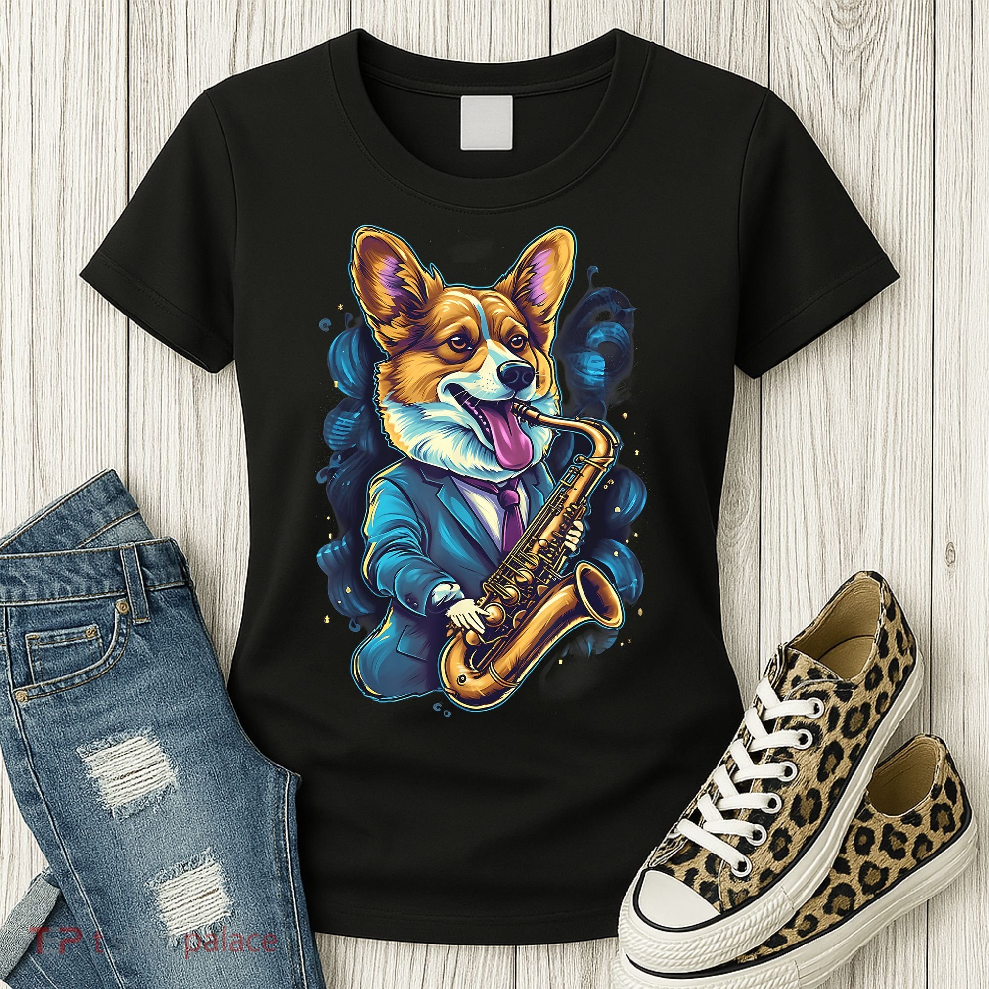 Jazz Musician Corgi Dog Saxophone Women's T-Shirt