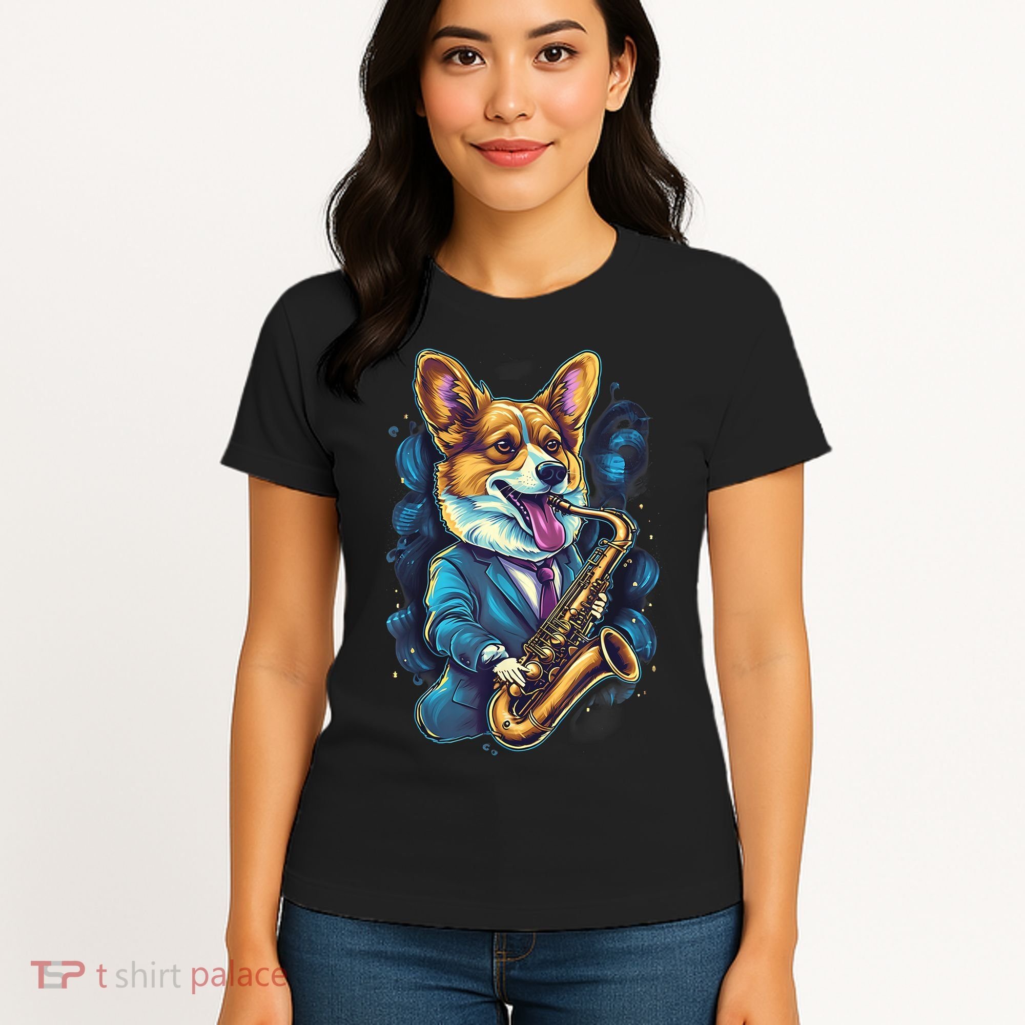 Jazz Musician Corgi Dog Saxophone Women's T-Shirt