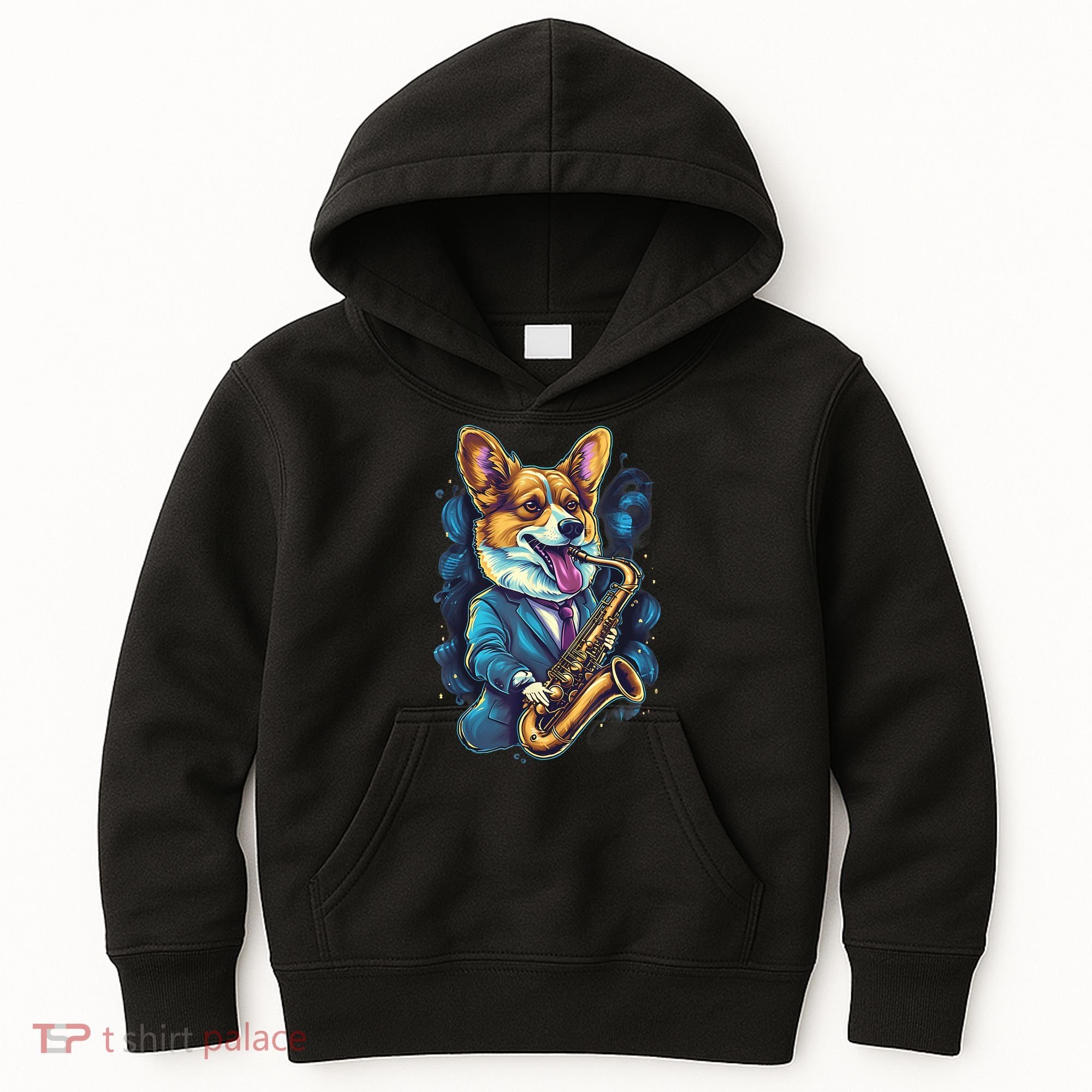 Jazz Musician Corgi Dog Saxophone Kids Hoodie