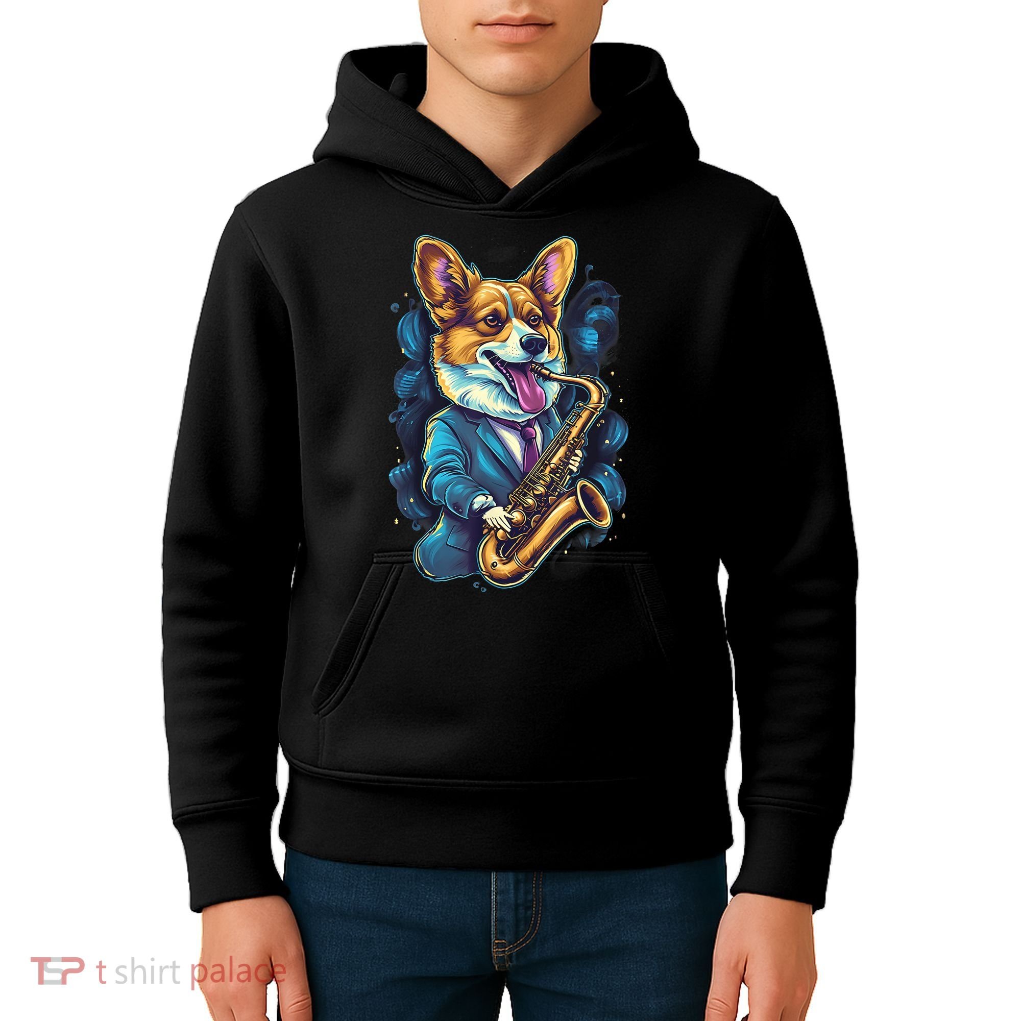Jazz Musician Corgi Dog Saxophone Kids Hoodie