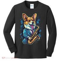 Jazz Musician Corgi Dog Saxophone Kids Long Sleeve Shirt thumb 0