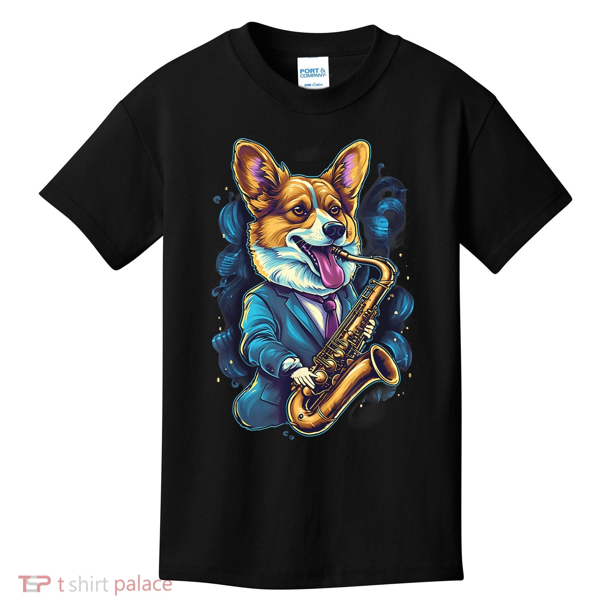 Jazz Musician Corgi Dog Saxophone Kids T-Shirt