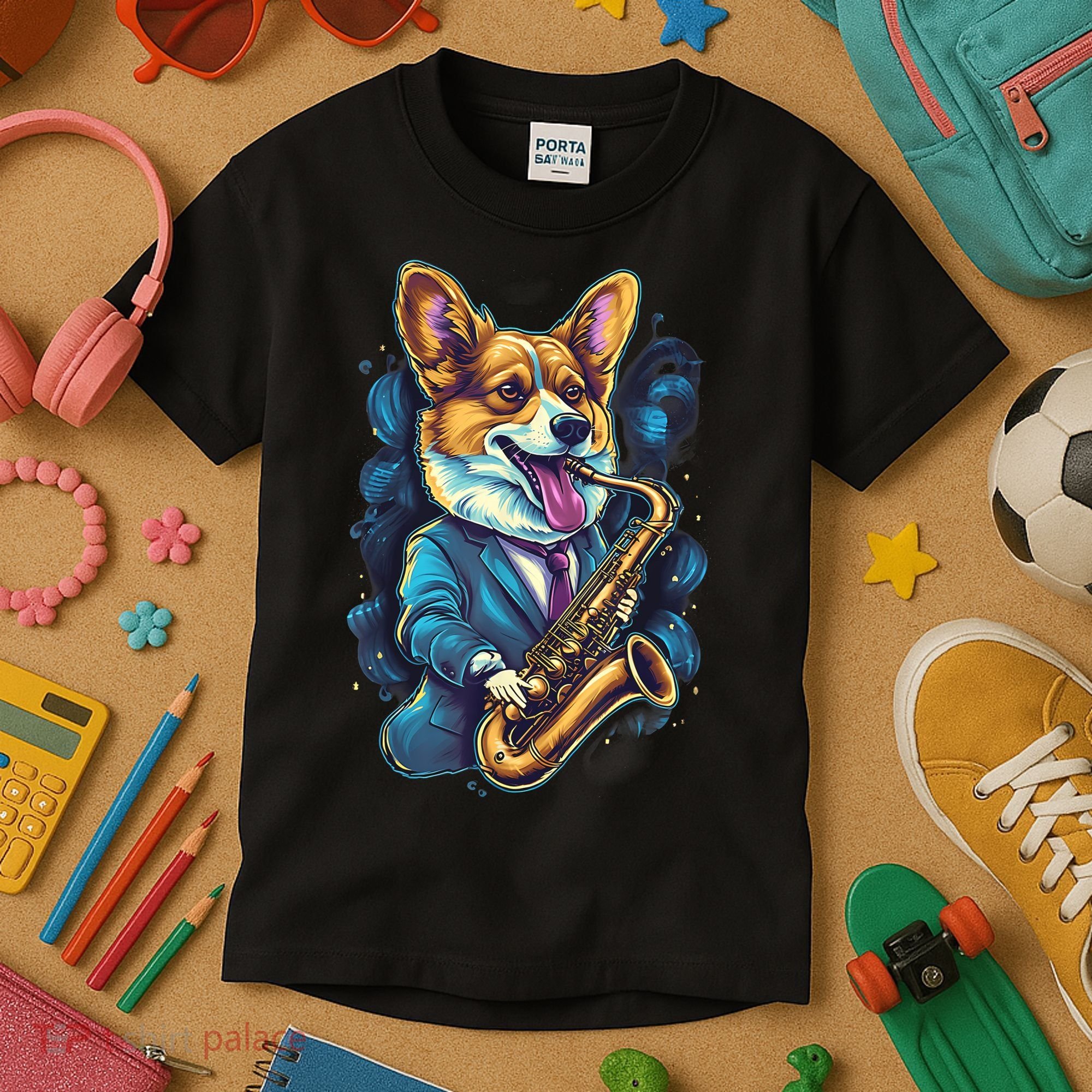 Jazz Musician Corgi Dog Saxophone Kids T-Shirt