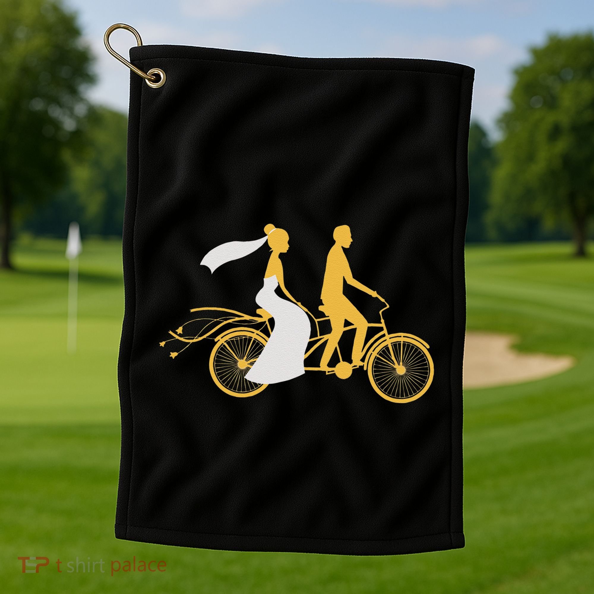 Just Married Couple Tandem Bike Wedding Anniversary Marriage Golf Towel