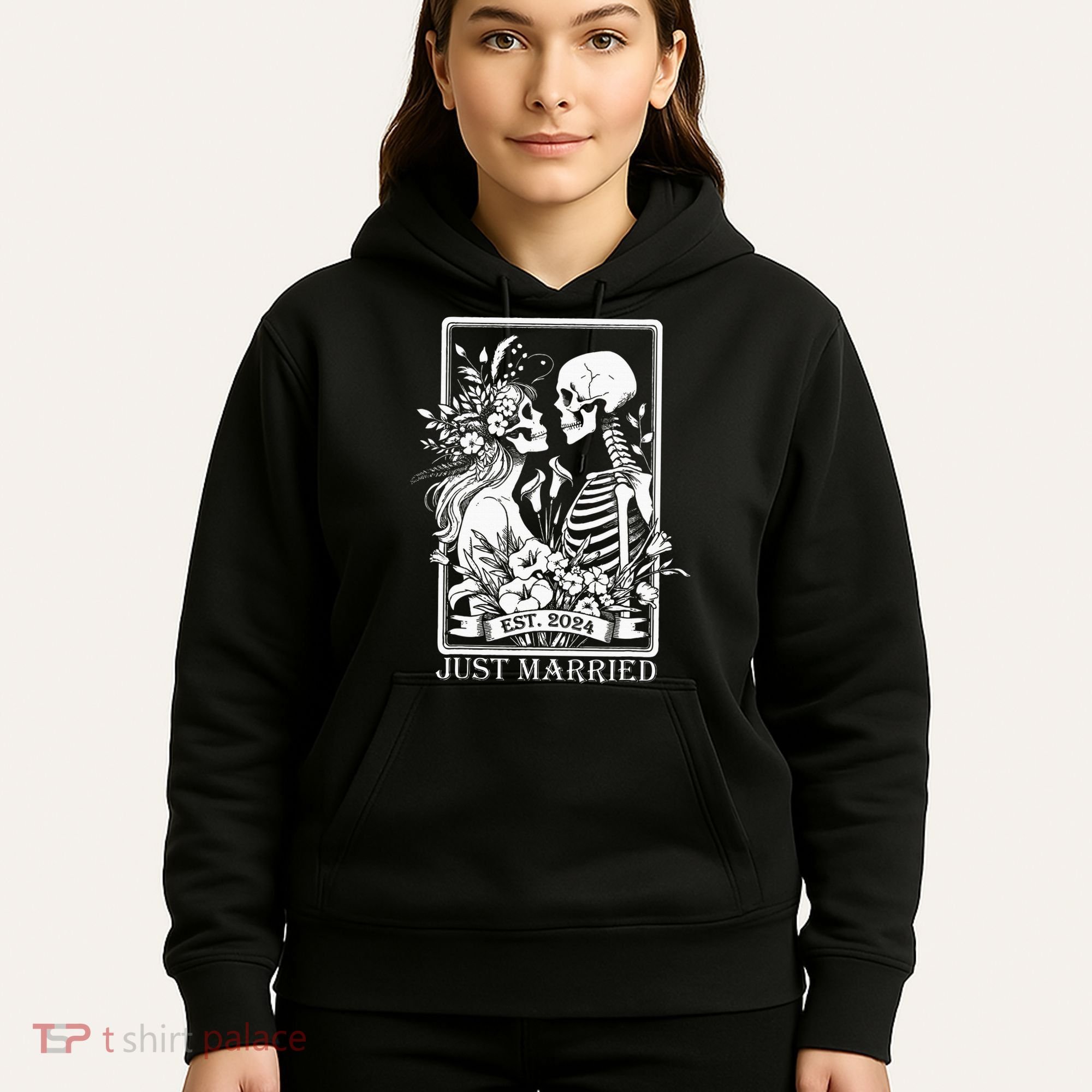 Just Married Est 2024 Halloween Skeleton Couples Hoodie