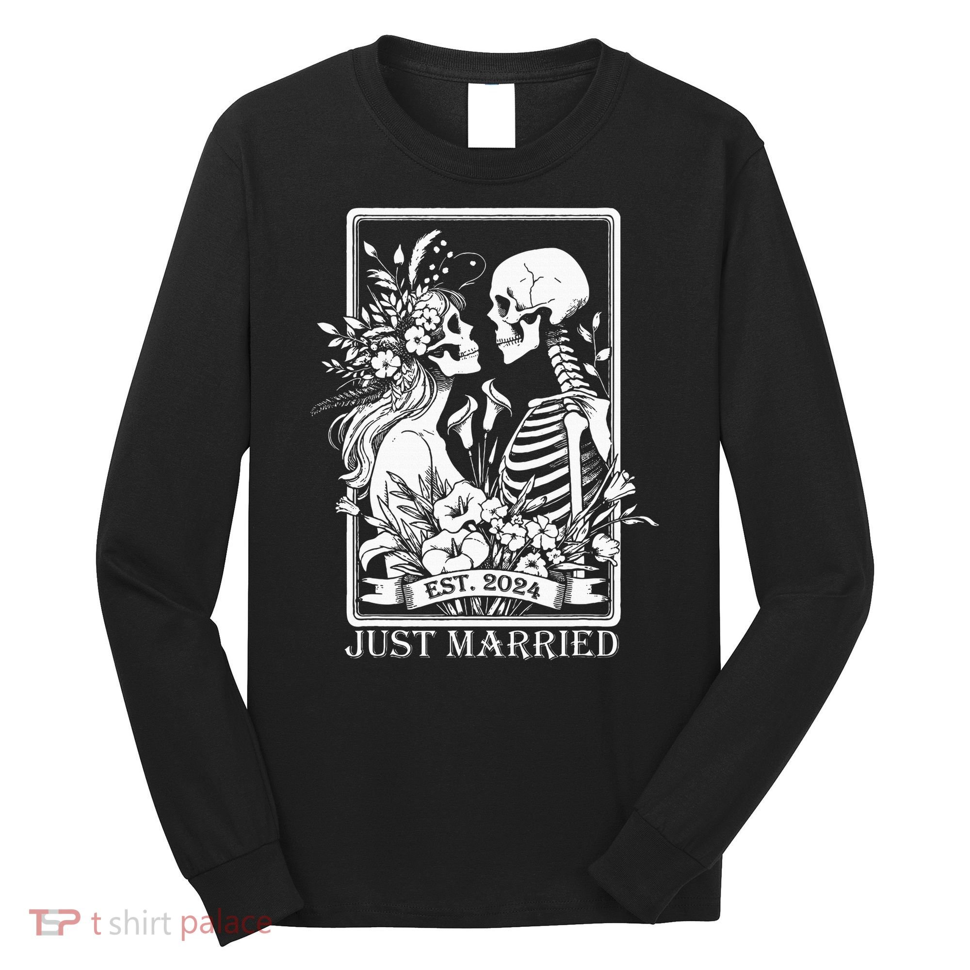 Just Married Est 2024 Halloween Skeleton Couples Long Sleeve Shirt