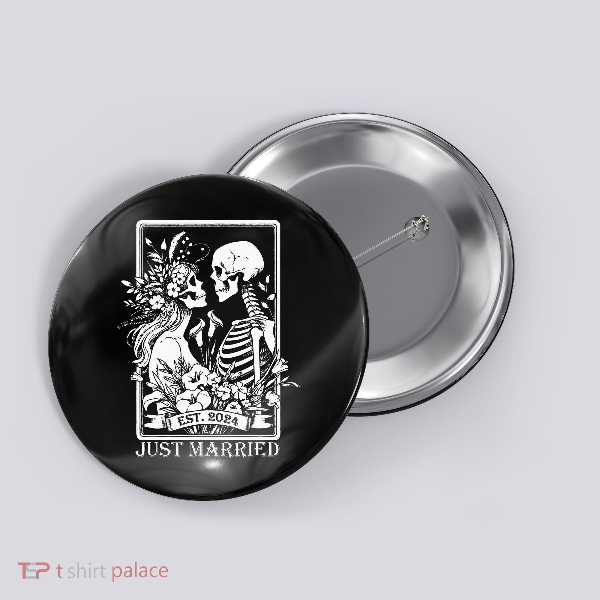 Just Married Est 2024 Halloween Skeleton Couples Button