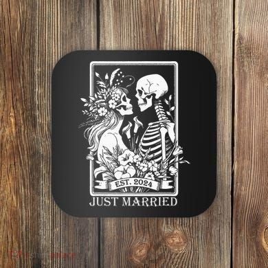 Just Married Est 2024 Halloween Skeleton Couples Coaster