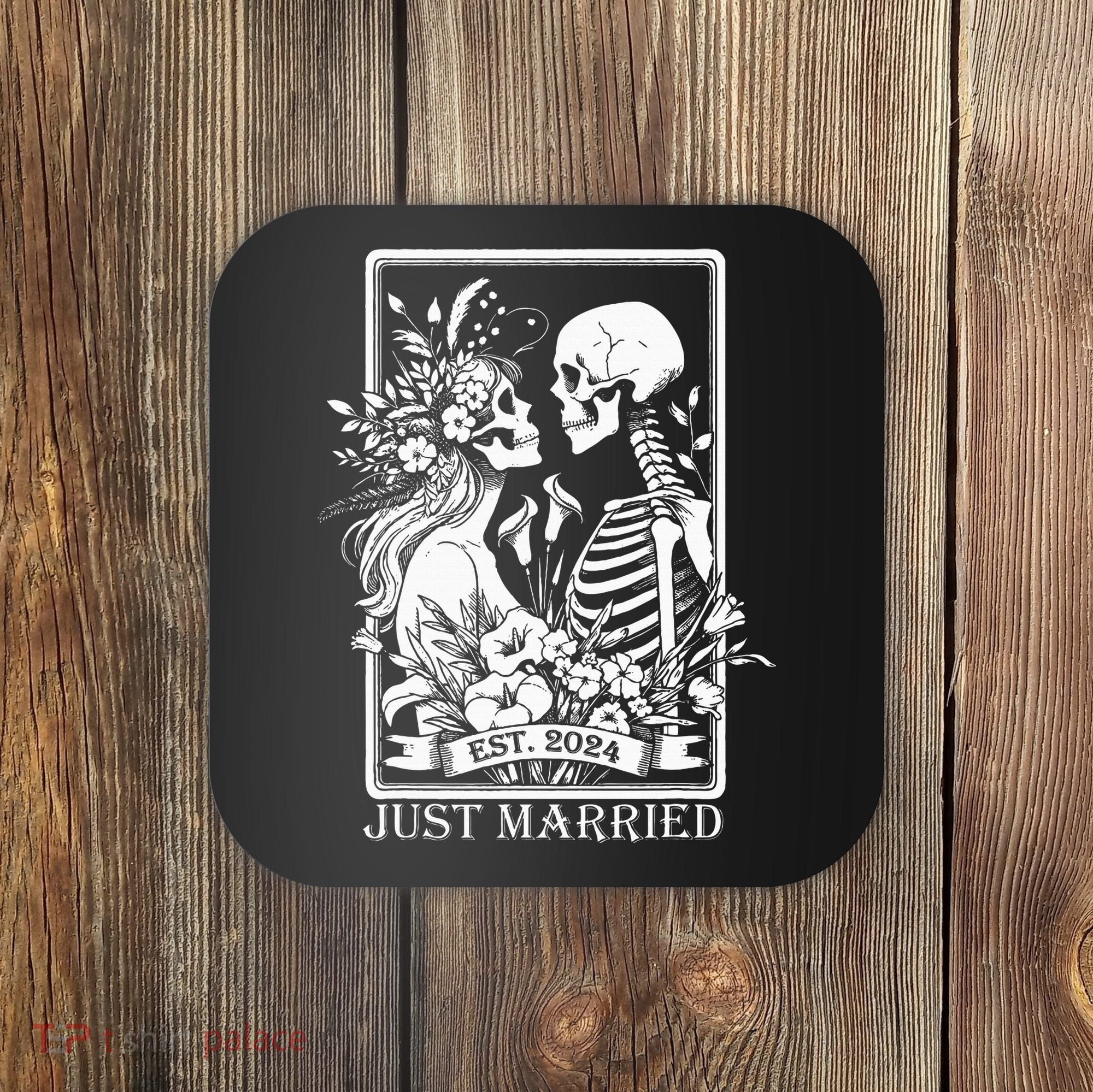Just Married Est 2024 Halloween Skeleton Couples Coaster