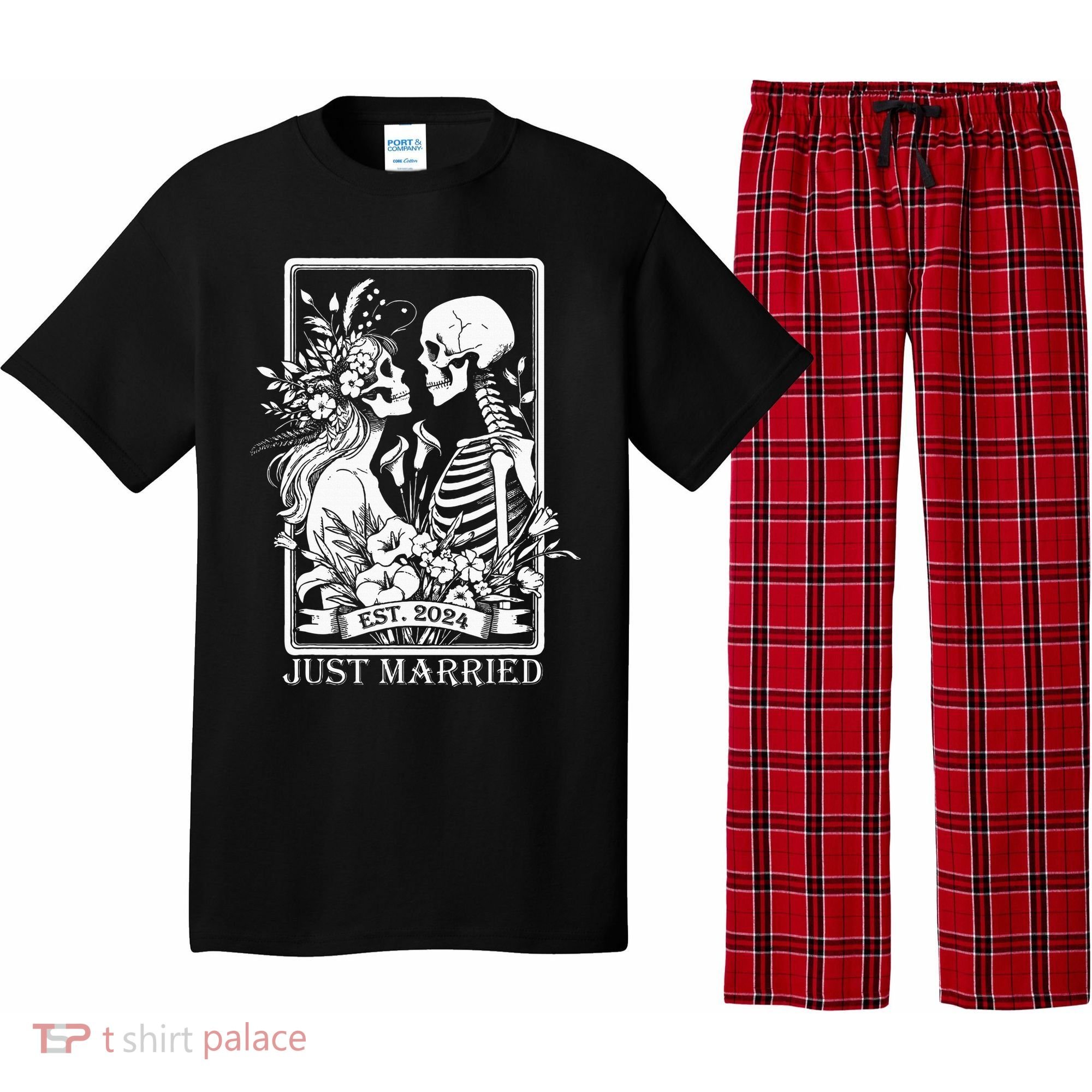 Just Married Est 2024 Halloween Skeleton Couples Pajama Set