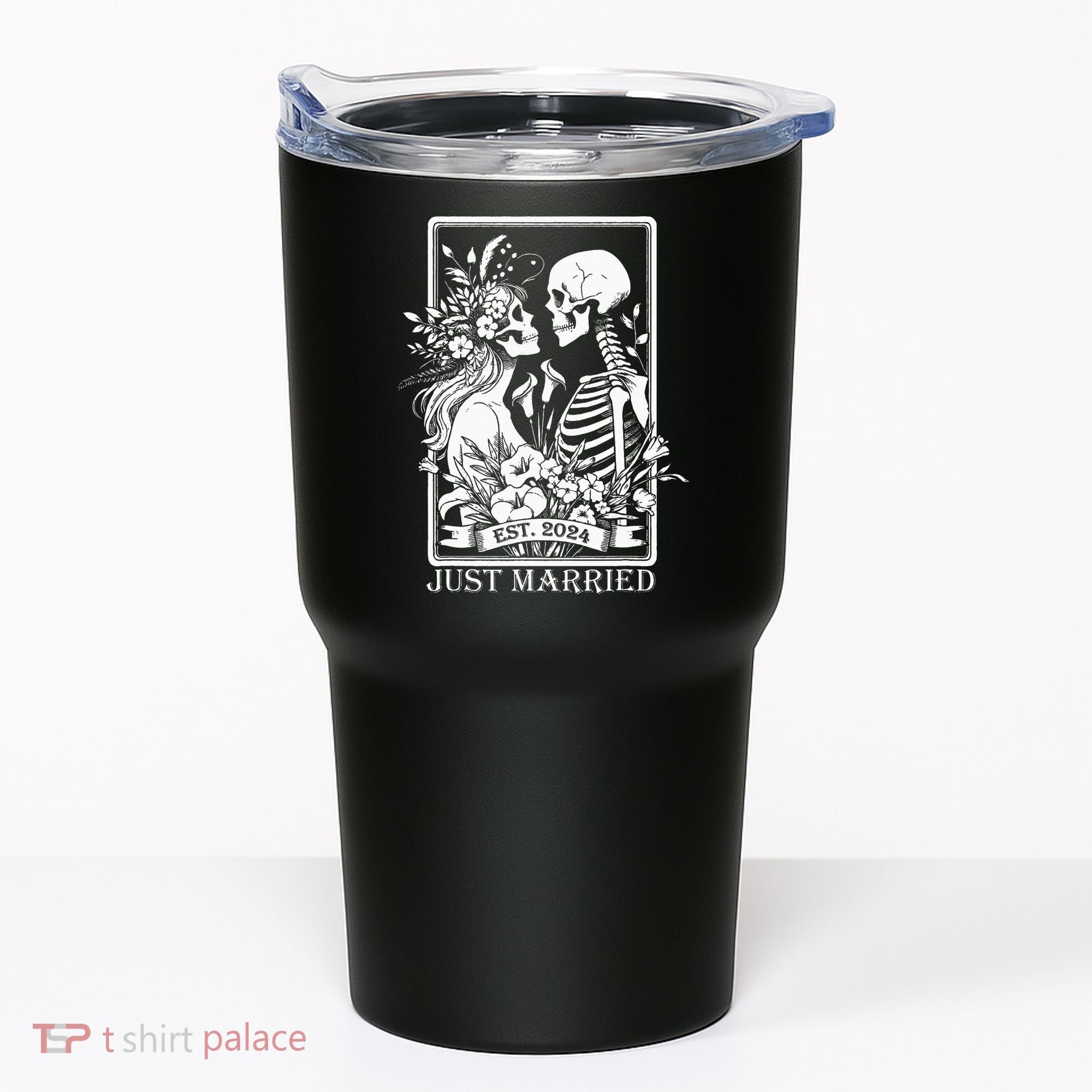 Just Married Est 2024 Halloween Skeleton Couples Tumbler