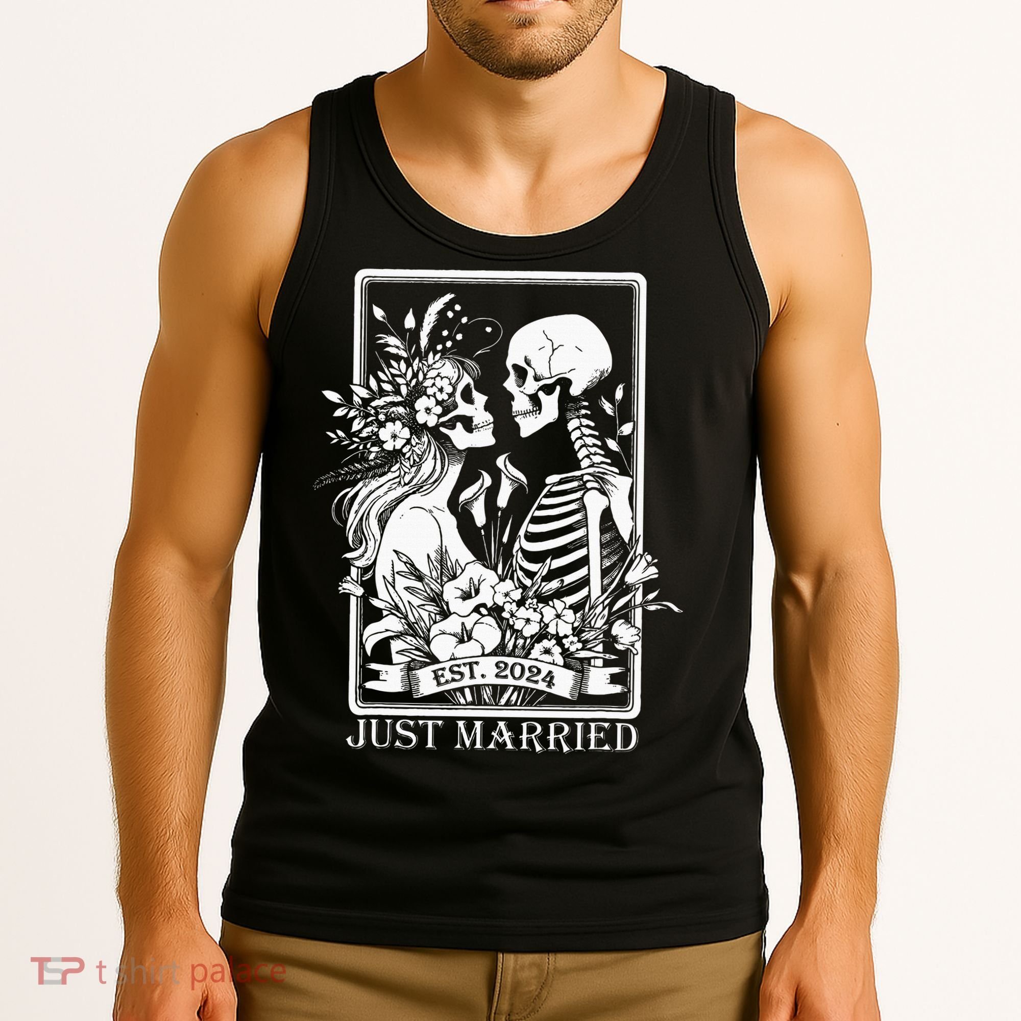 Just Married Est 2024 Halloween Skeleton Couples Tank Top