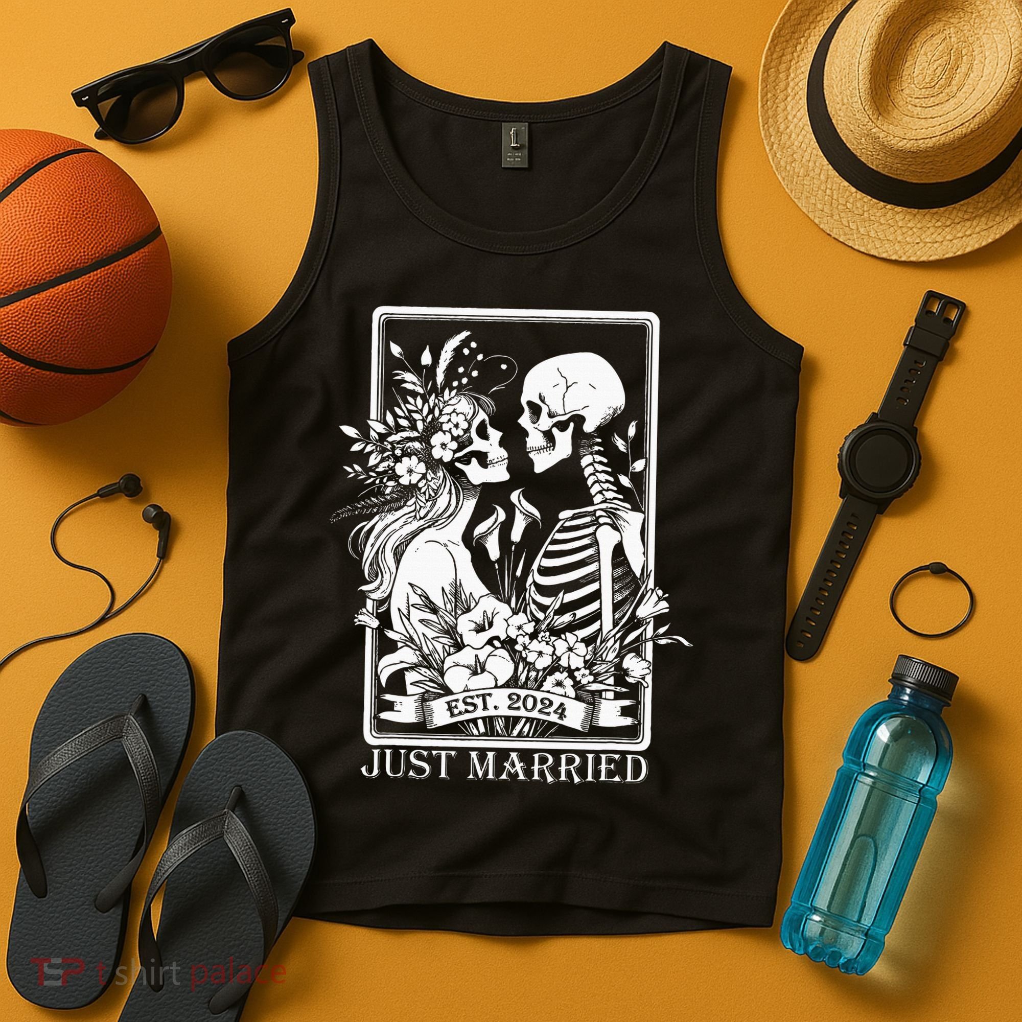 Just Married Est 2024 Halloween Skeleton Couples Tank Top
