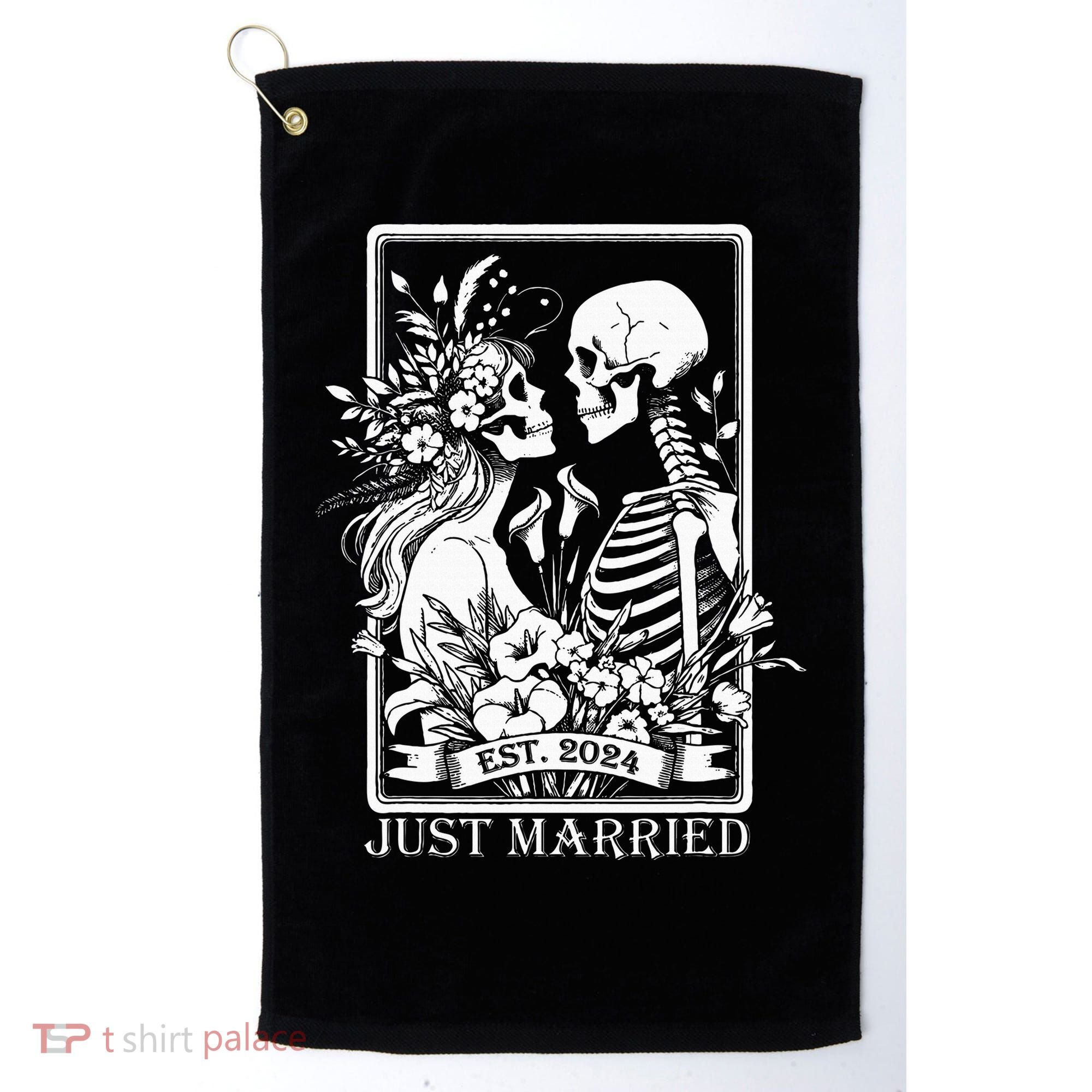 Just Married Est 2024 Halloween Skeleton Couples Golf Towel