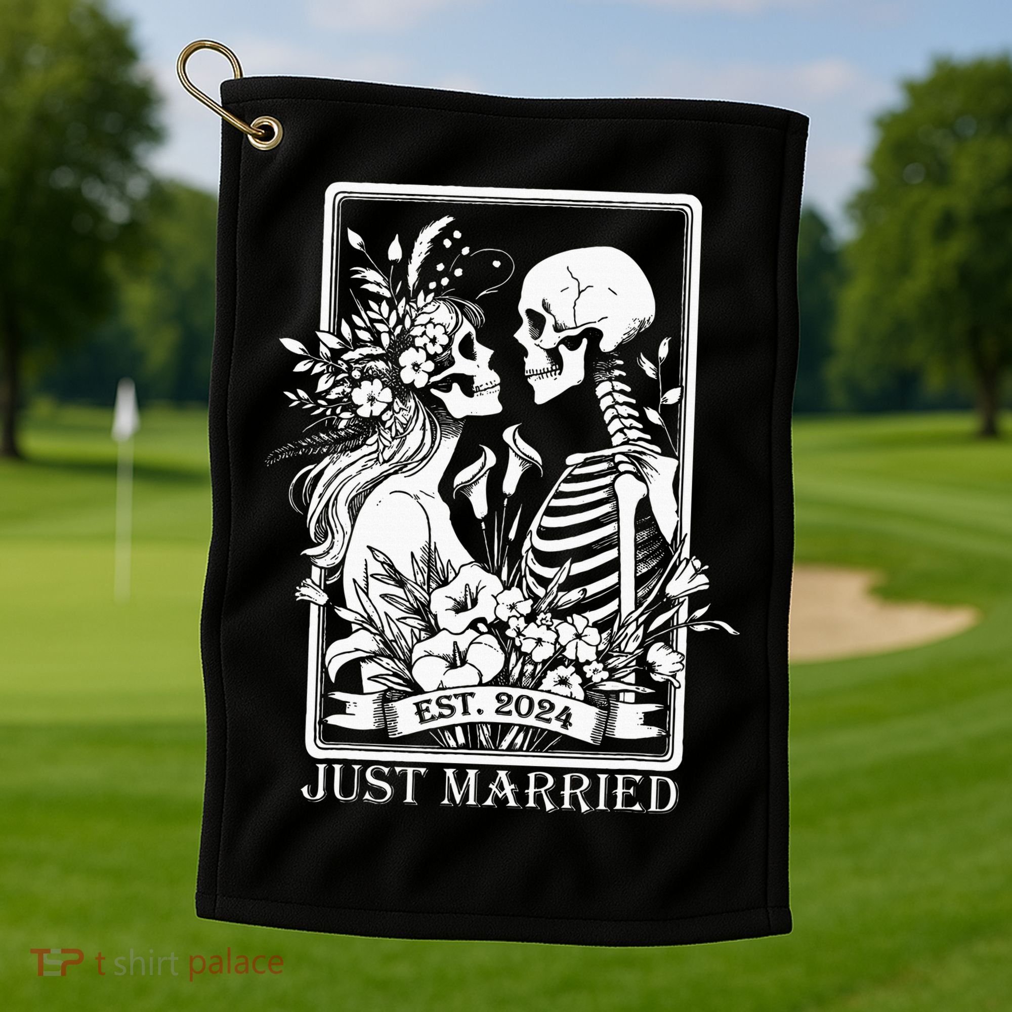 Just Married Est 2024 Halloween Skeleton Couples Golf Towel