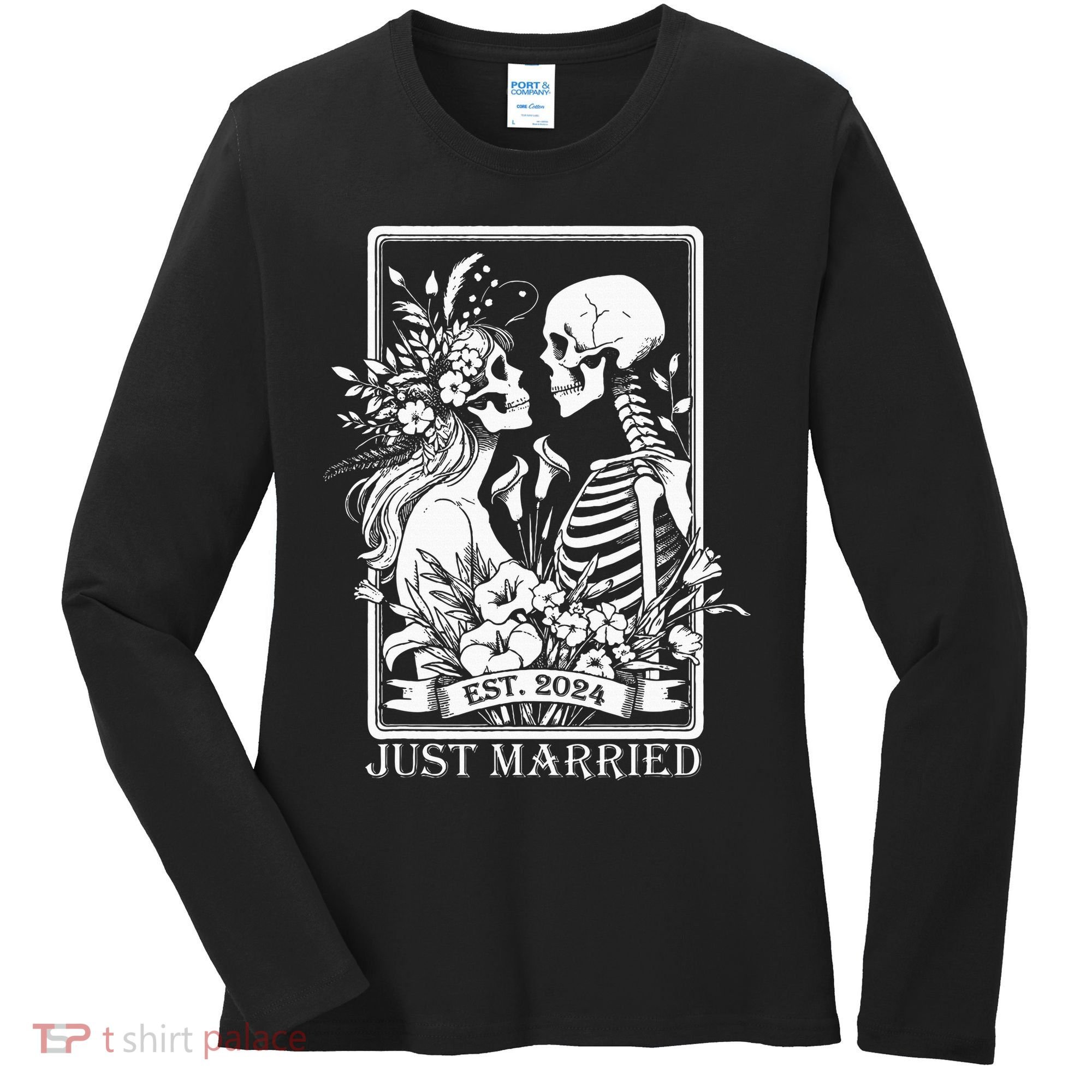 Just Married Est 2024 Halloween Skeleton Couples Women's Long Sleeve Shirt