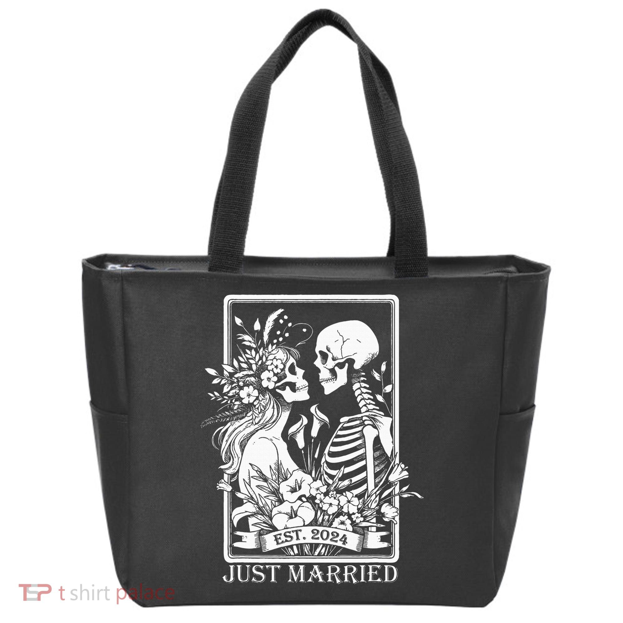 Just Married Est 2024 Halloween Skeleton Couples Tote Bag