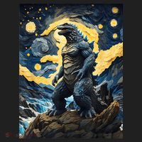 Japanese Monster Kaiju In Van Gogh Starry Night Golf Towel thumb 3