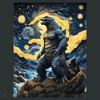 Japanese Monster Kaiju In Van Gogh Starry Night T-Shirt thumb 7
