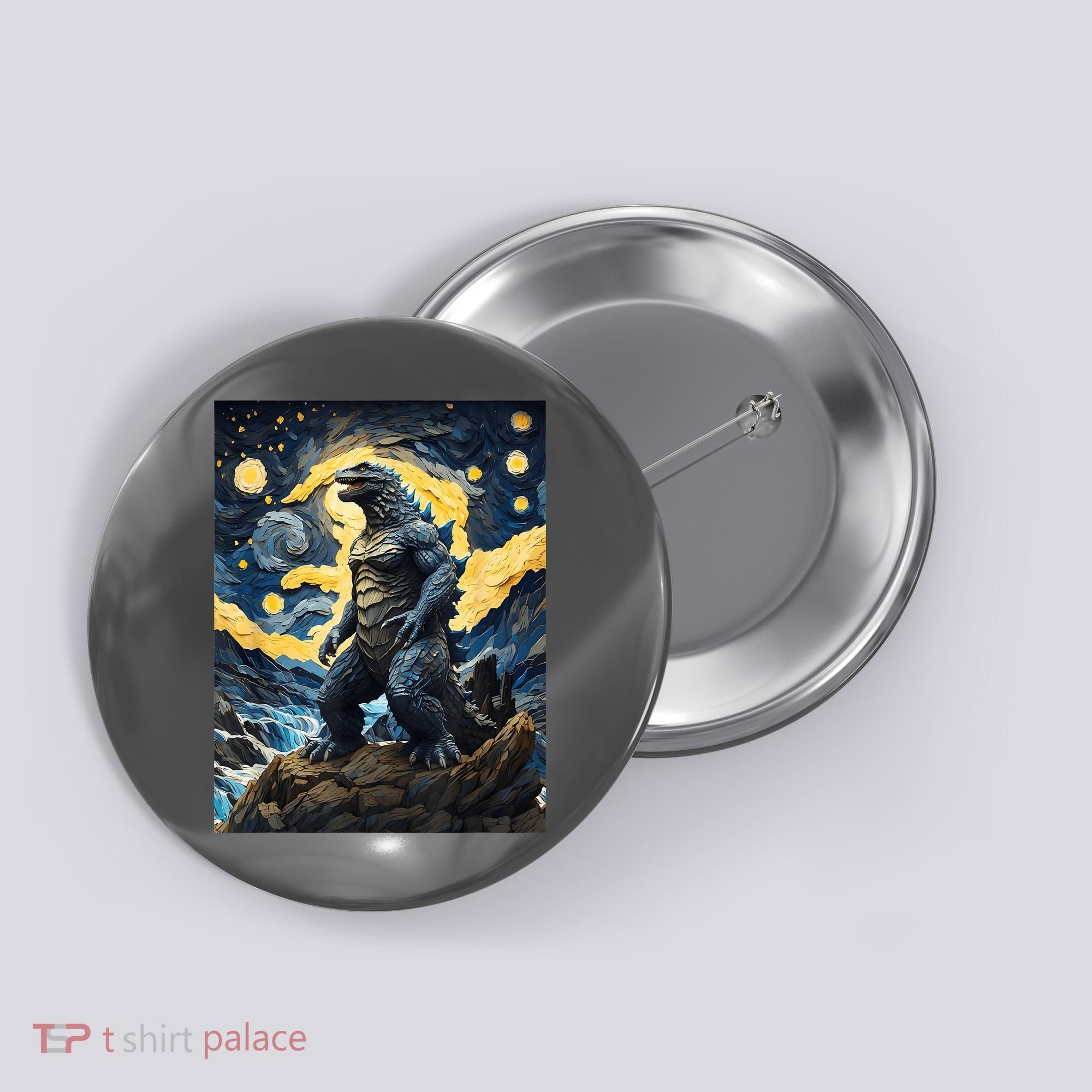 Japanese Monster Kaiju In Van Gogh Starry Night Button