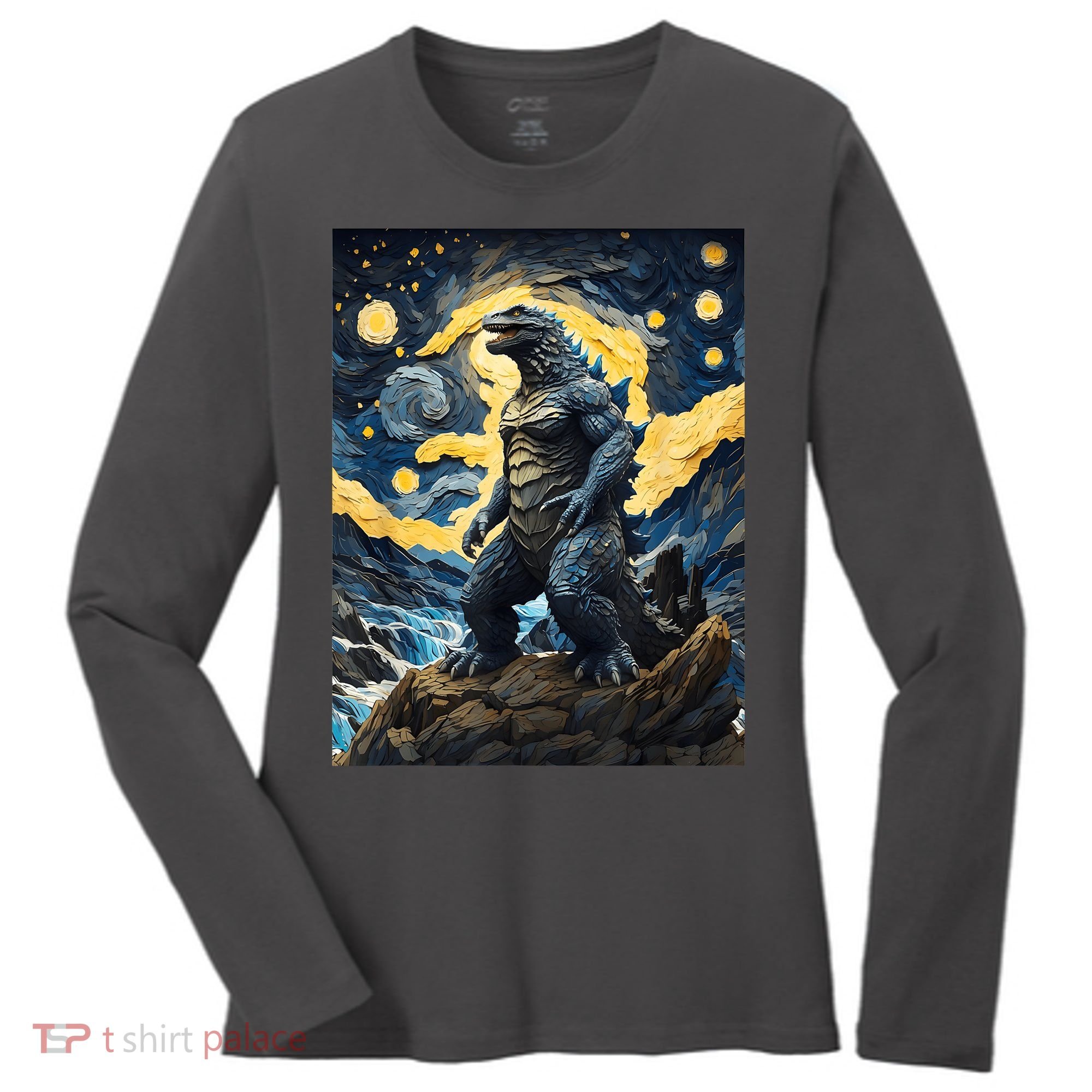 Japanese Monster Kaiju In Van Gogh Starry Night Women's Long Sleeve Shirt