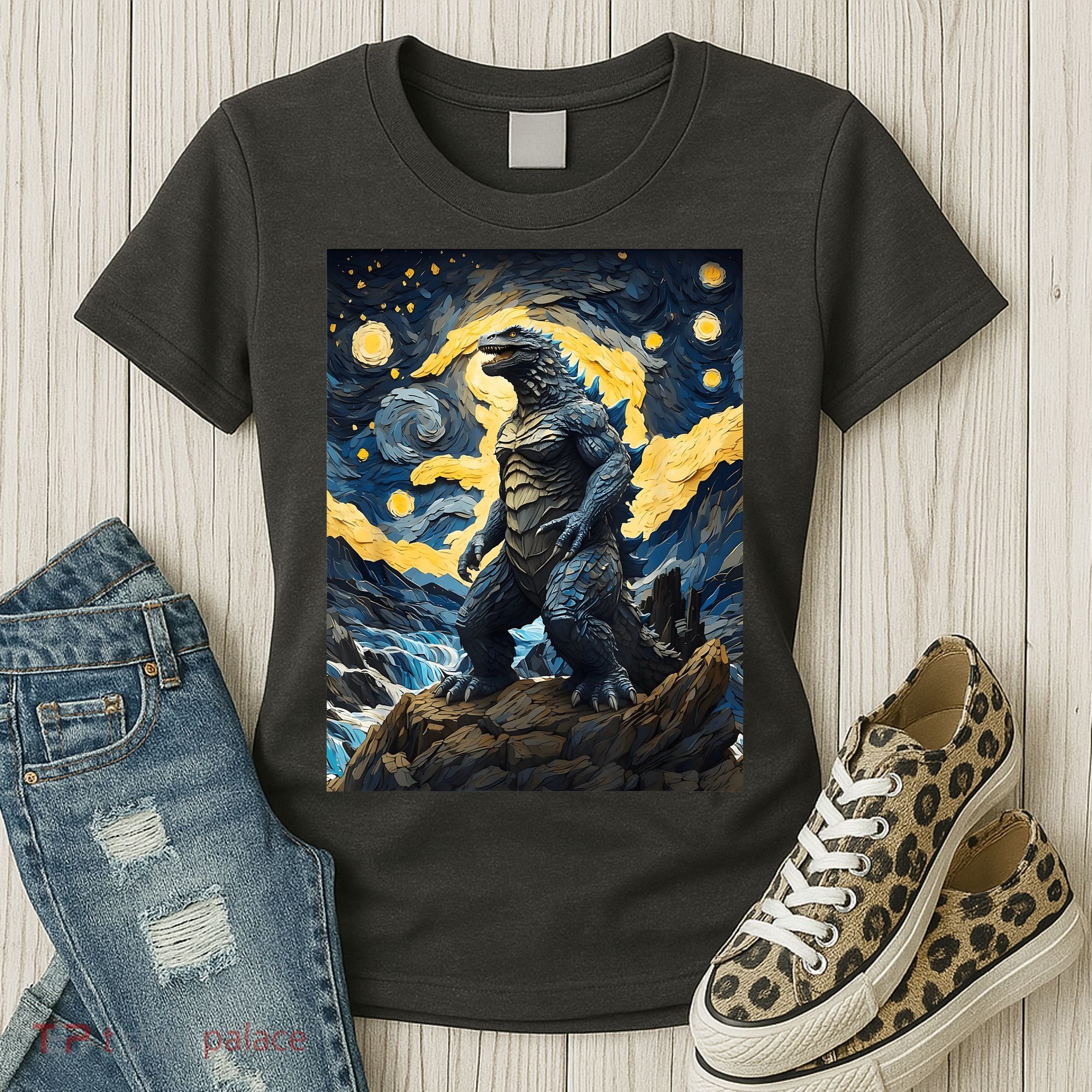 Japanese Monster Kaiju In Van Gogh Starry Night Women's T-Shirt