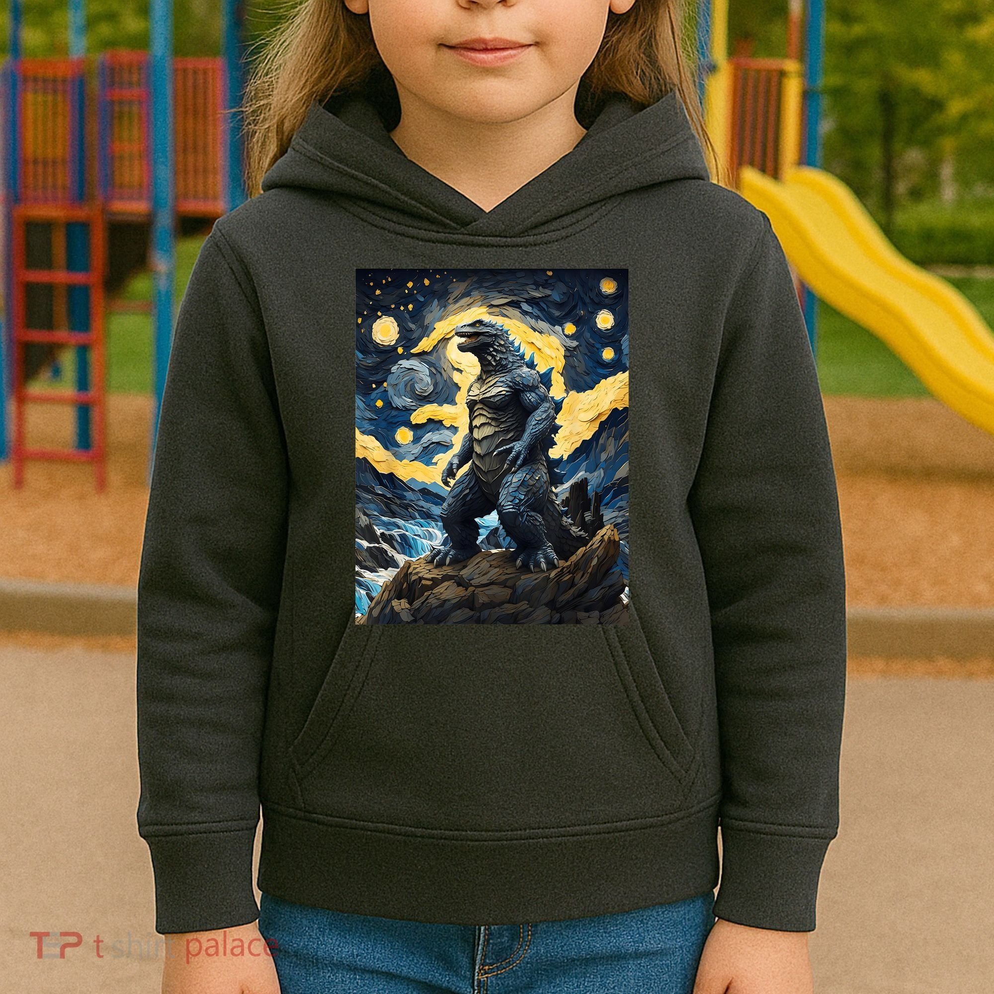 Japanese Monster Kaiju In Van Gogh Starry Night Kids Hoodie