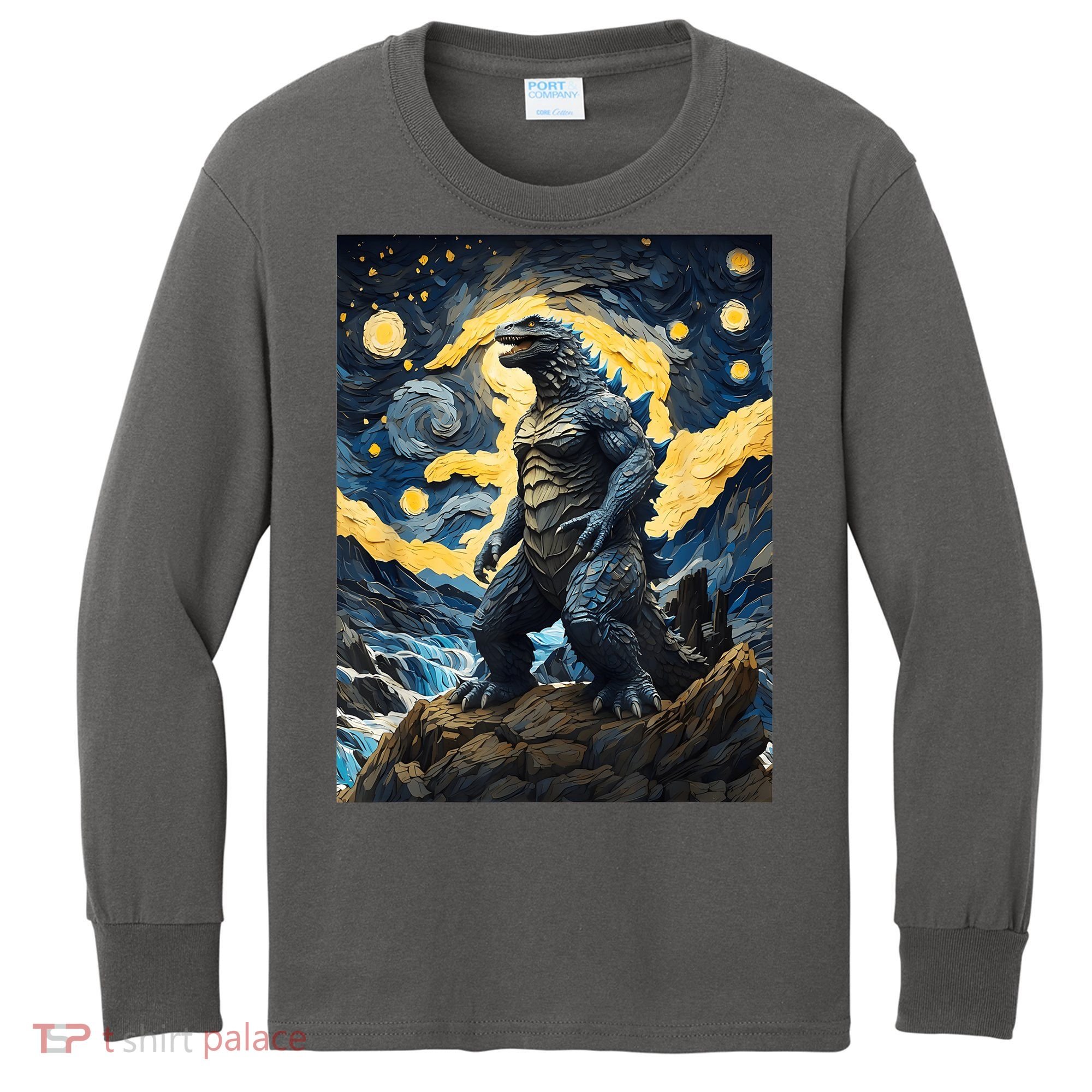 Japanese Monster Kaiju In Van Gogh Starry Night Kids Long Sleeve Shirt
