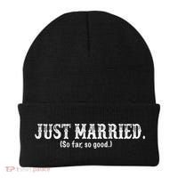 Just Married So Far So Good Funny Bride Groom On Back Beanie thumb 0
