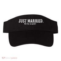 Just Married So Far So Good Funny Bride Groom On Back Visor thumb 0