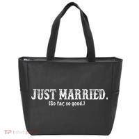 Just Married So Far So Good Funny Bride Groom On Back Tote Bag thumb 0
