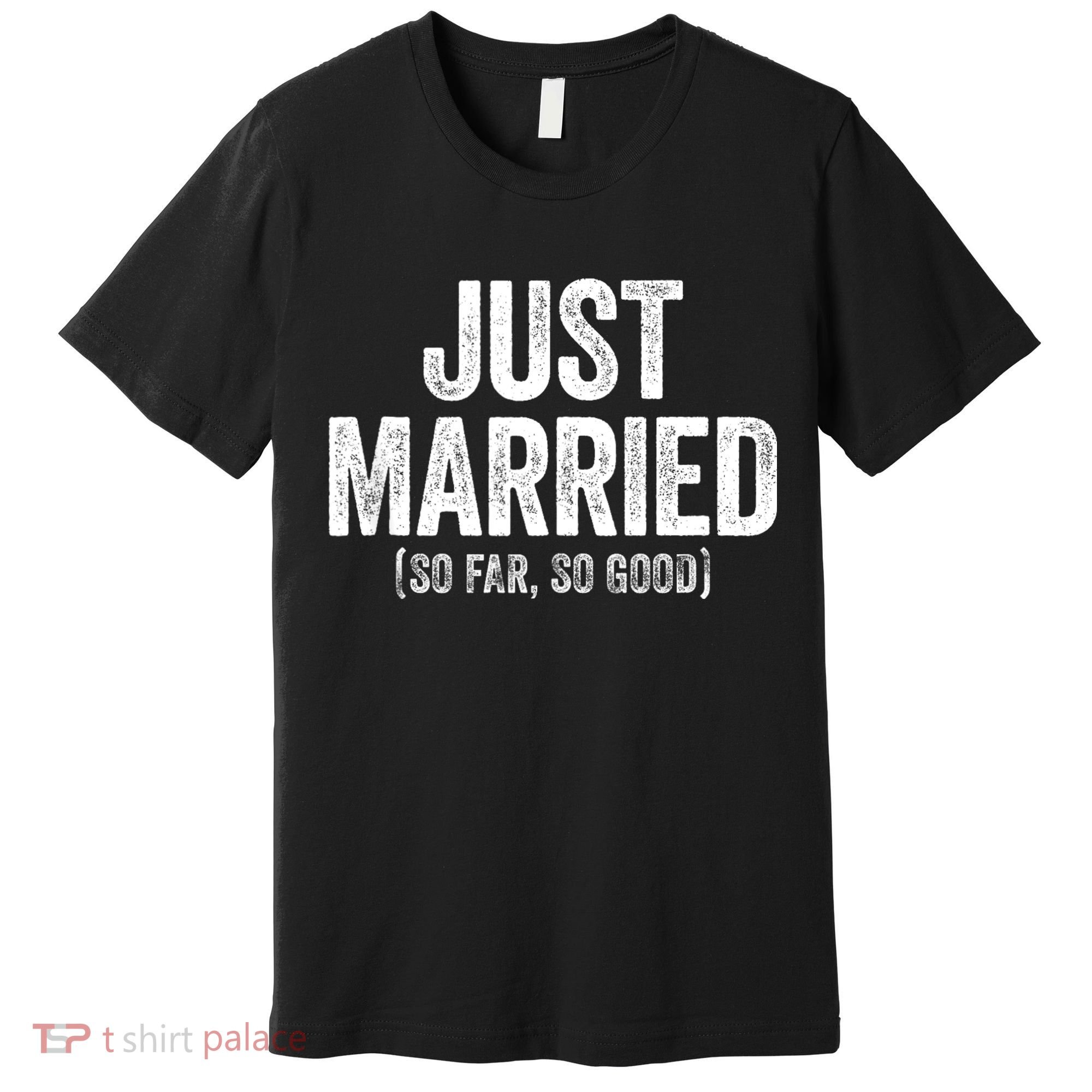 Just Married So Far So Good Newlywed Bride And Groom Premium T-Shirt