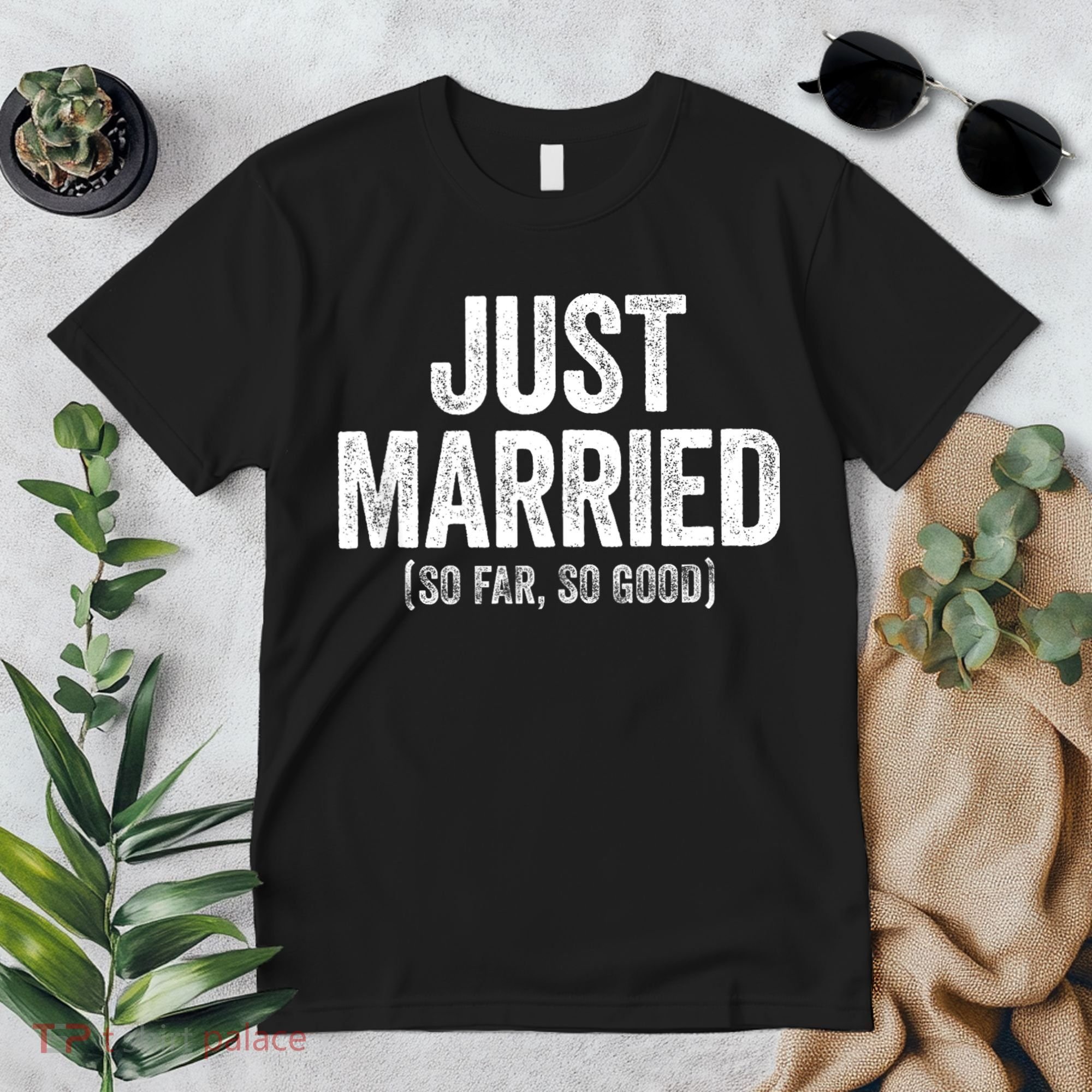 Just Married So Far So Good Newlywed Bride And Groom Premium T-Shirt