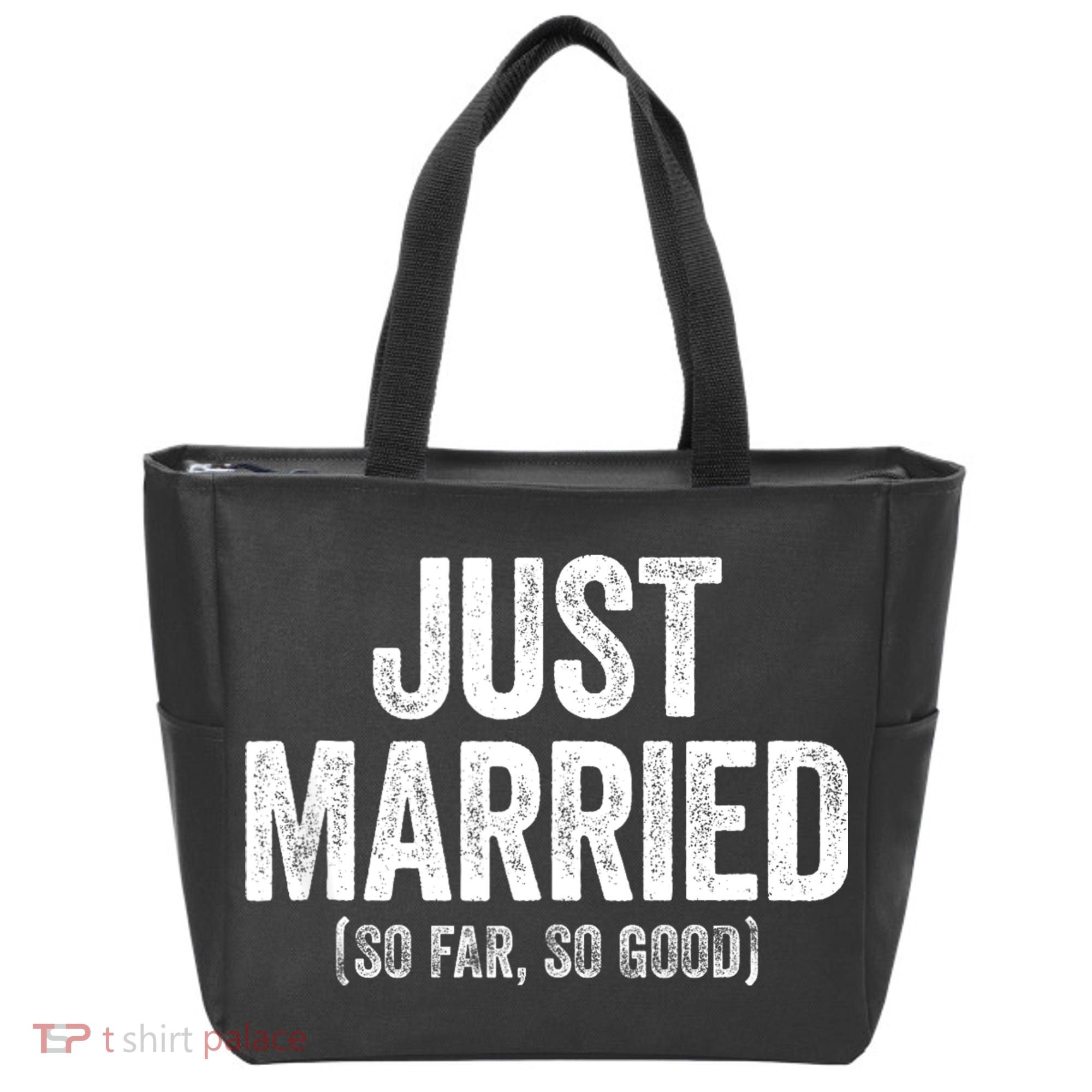 Just Married So Far So Good Newlywed Bride And Groom Tote Bag
