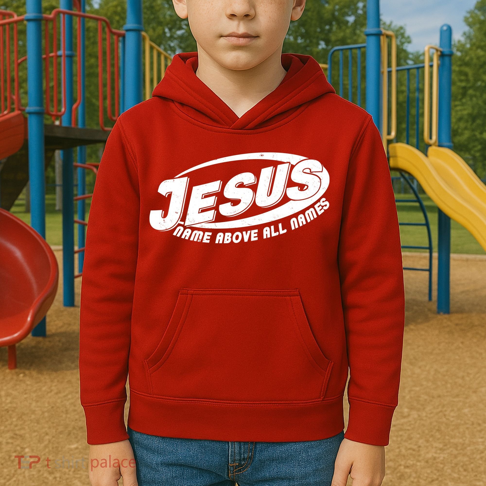 Jesus Name Above All Names Sports Style Logo Kids Hoodie