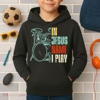 Jesus Name I Play Drums God Drumming Music Christian Drummer Kids Hoodie thumb 2