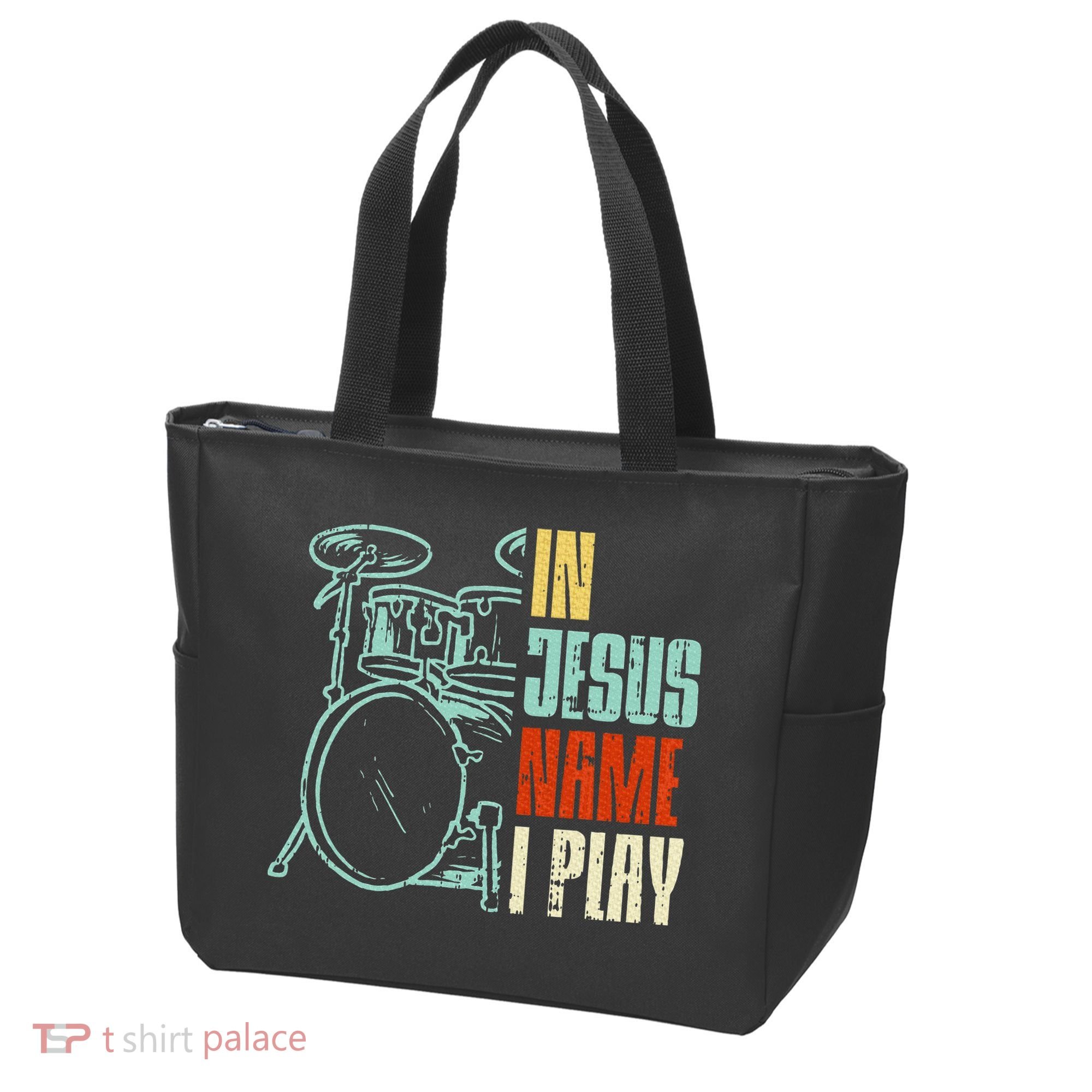 Jesus Name I Play Drums God Drumming Music Christian Drummer Tote Bag