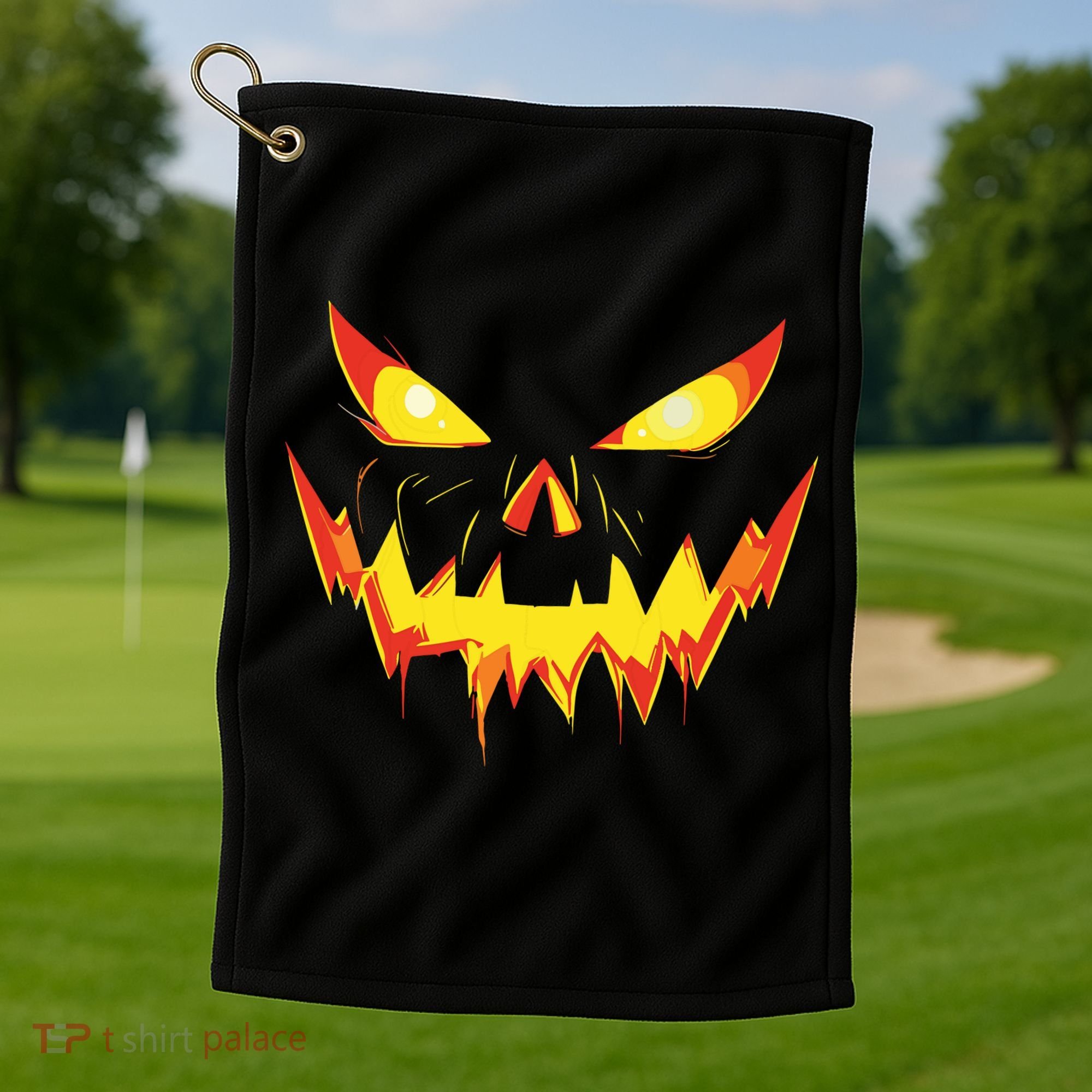 Jack O Lantern Face Pumpkin Scary Halloween Costume Funny Golf Towel