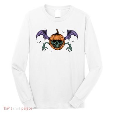 Jack O Lantern Creepy Skull Bat Halloween Long Sleeve Shirt