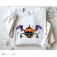 Jack O Lantern Creepy Skull Bat Halloween Sweatshirt thumb 2