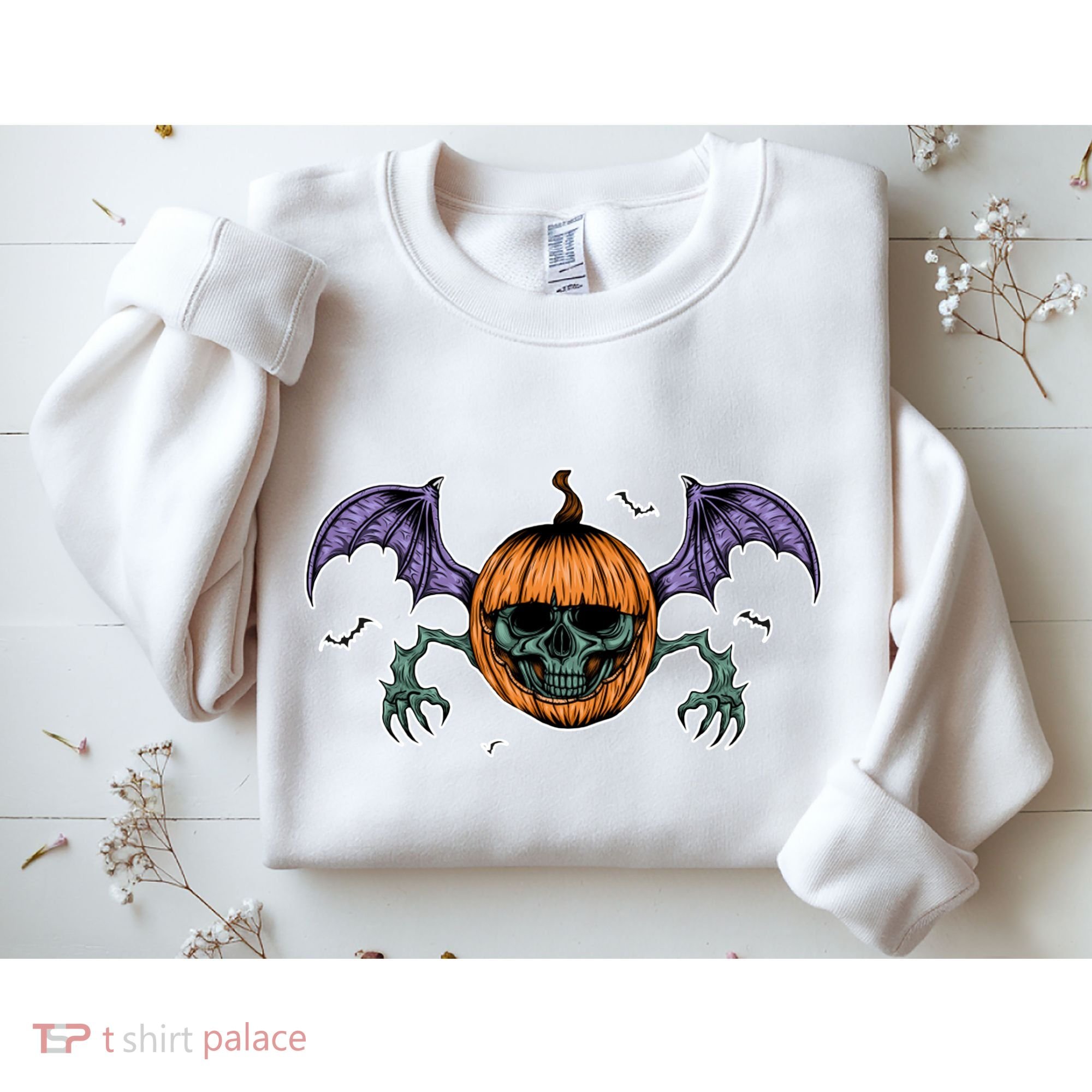 Jack O Lantern Creepy Skull Bat Halloween Sweatshirt