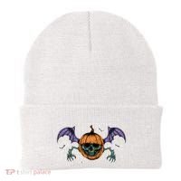 Jack O Lantern Creepy Skull Bat Halloween Beanie thumb 0