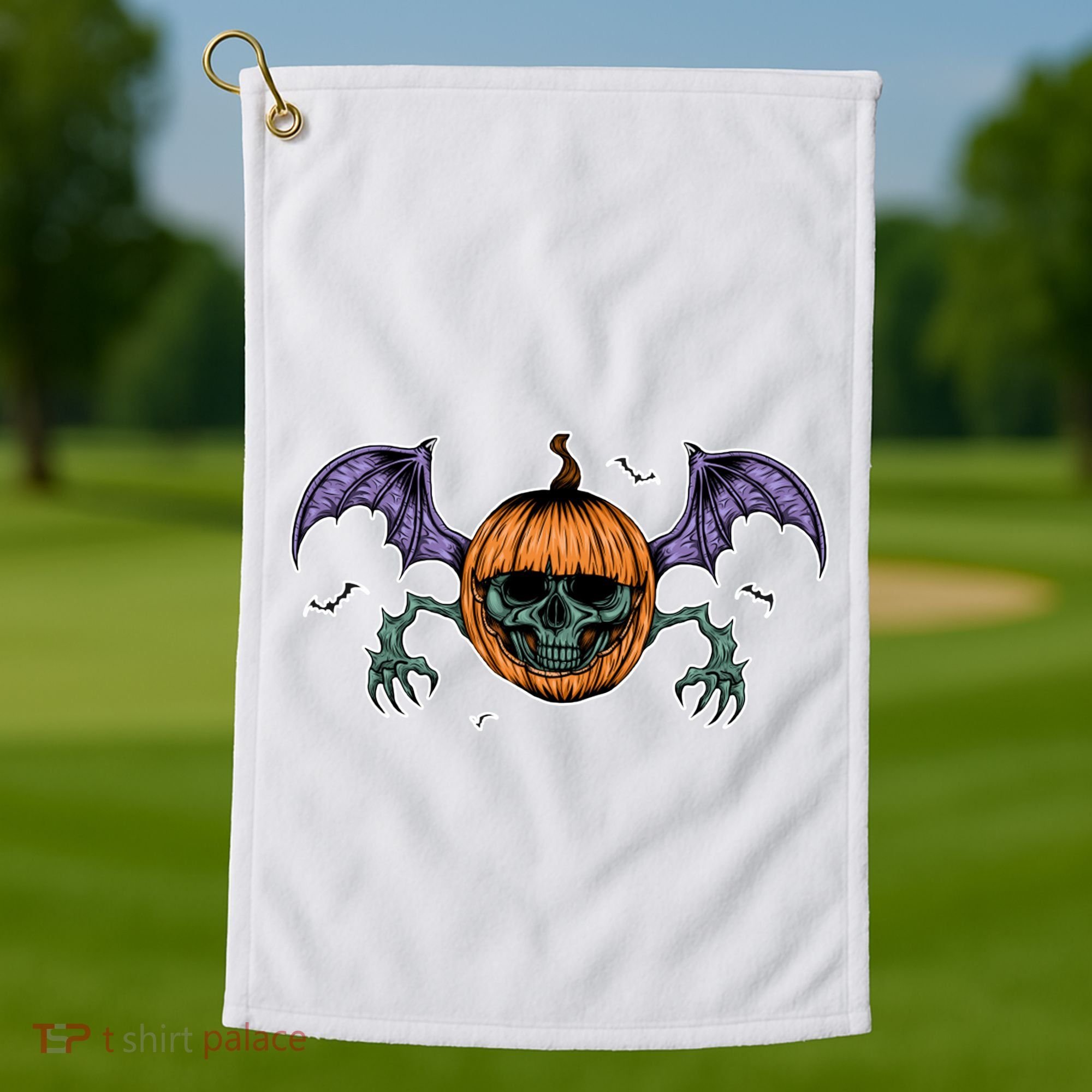 Jack O Lantern Creepy Skull Bat Halloween Golf Towel
