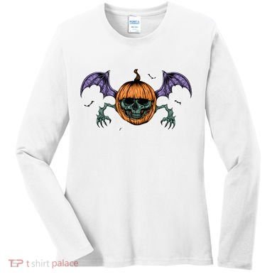 Jack O Lantern Creepy Skull Bat Halloween Women's Long Sleeve Shirt